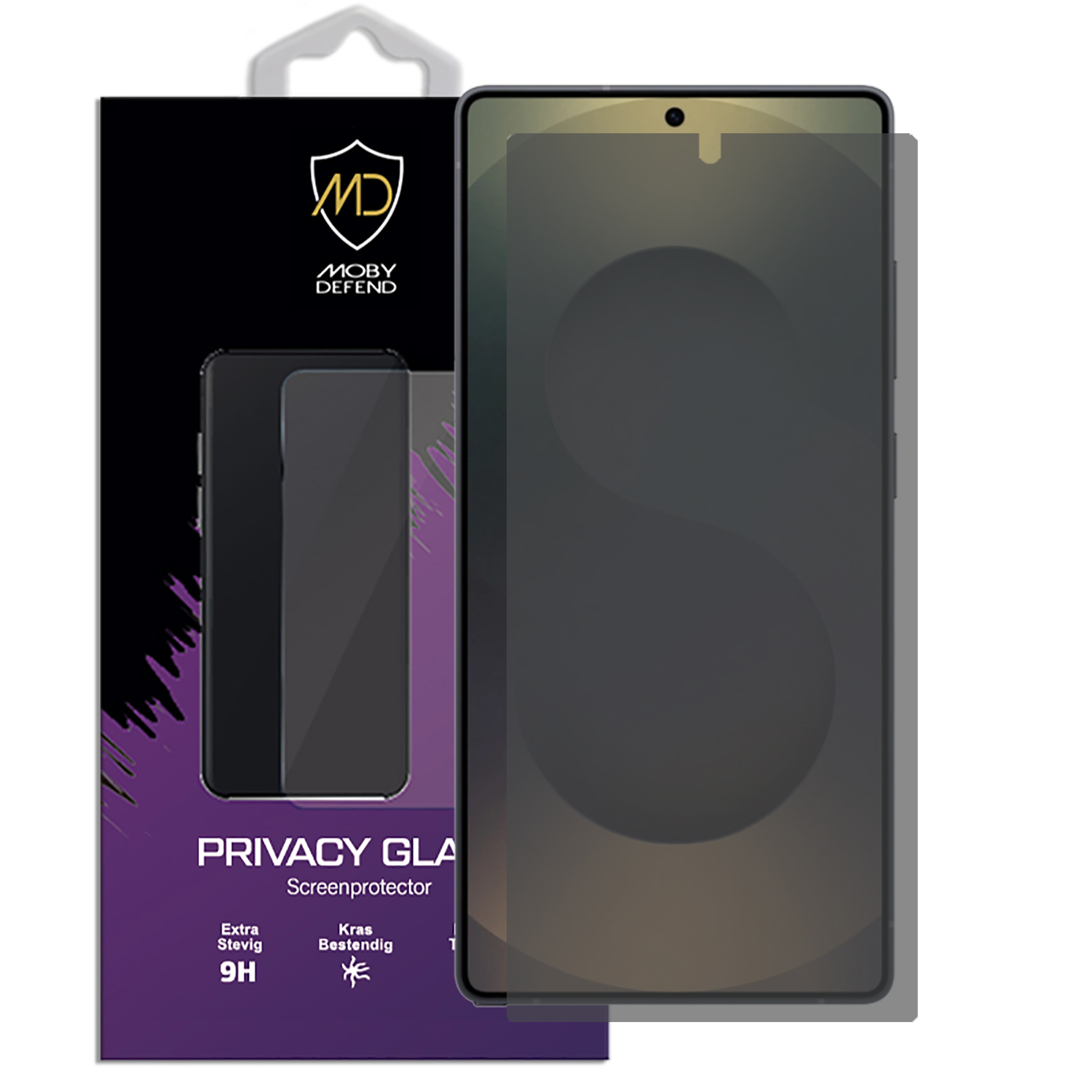 Telefoonschermbeschermer in verpakking. De verpakking is zwart met een telefooncontour.