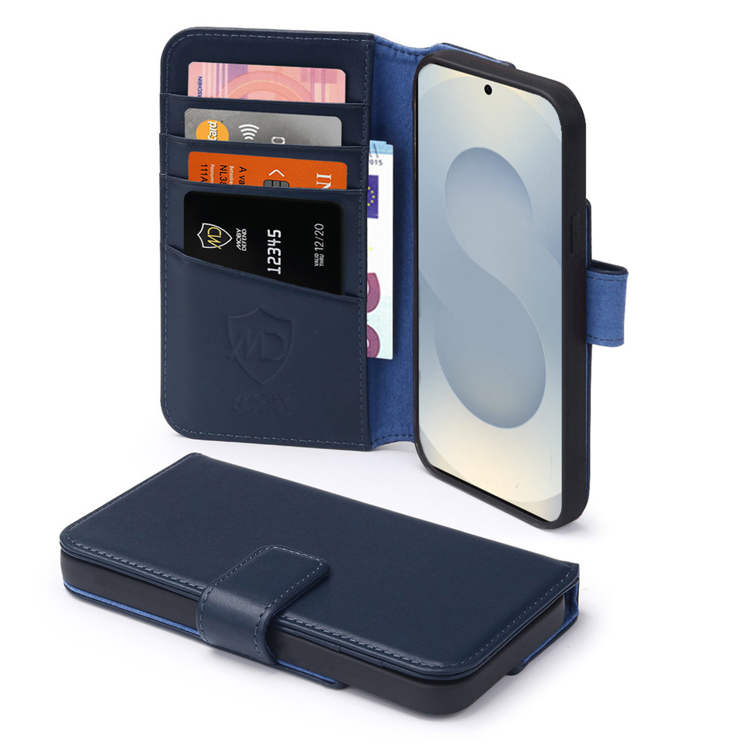 Blauwe leren telefoonhoesportemonnee, open, met kaarten en telefoon. Open hoes toont kaarten, geld en telefoon.