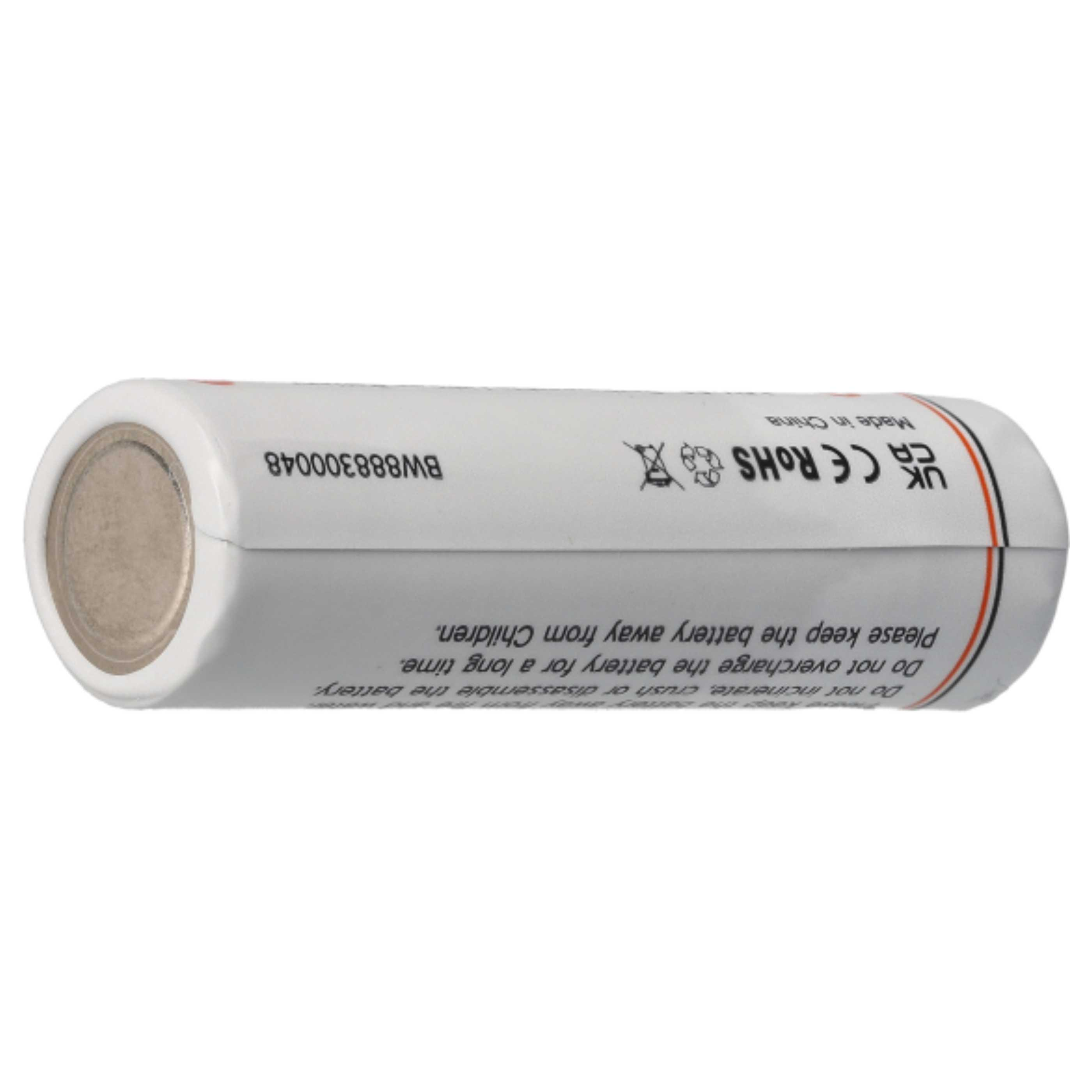 Weiße zylindrische Batterie mit Text, Warnungen und Regulierungssymbolen. Etiketten: CE, ROHS und Made in China.