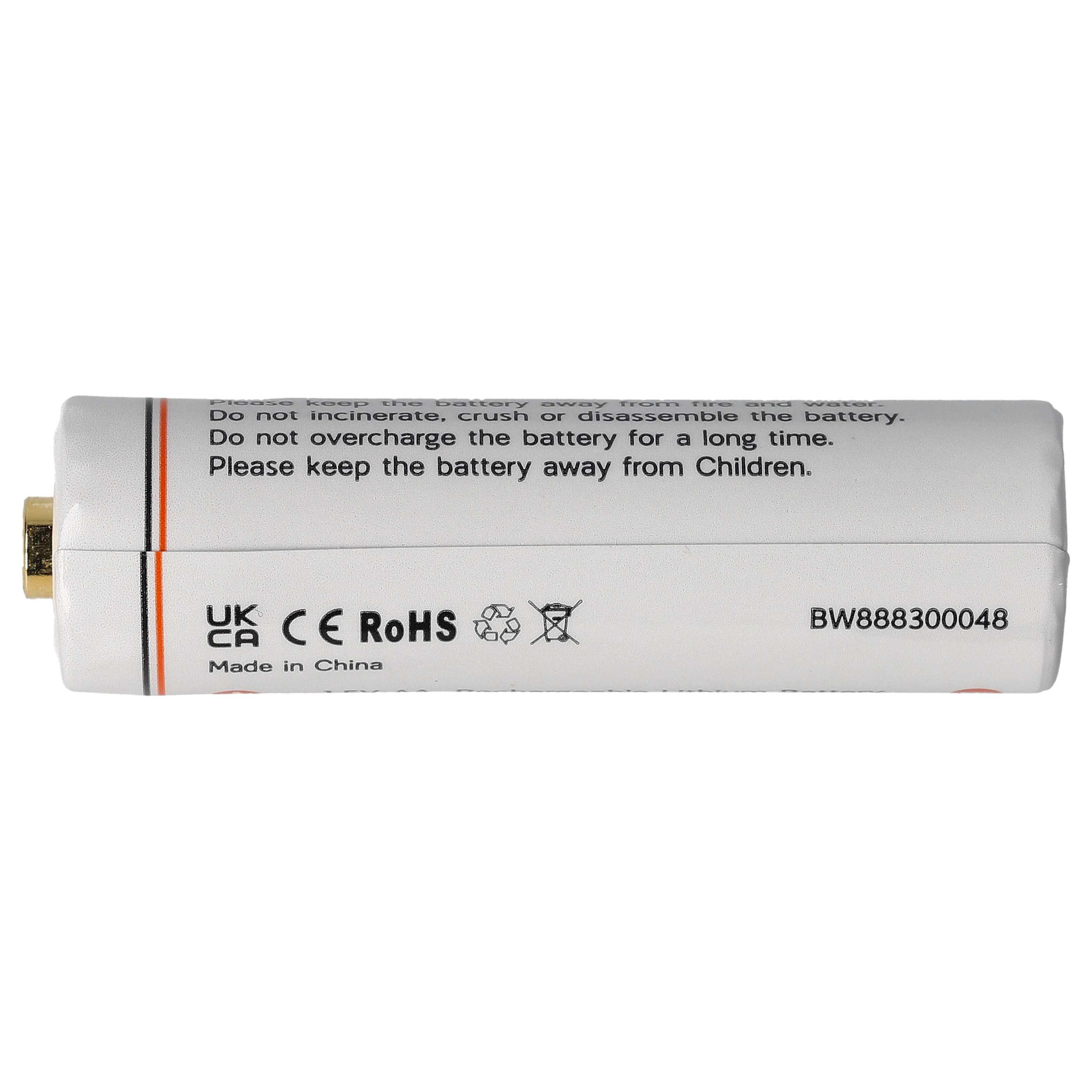 Weiße Batterie mit gedruckten Warnhinweisen. Goldkontakende. Text enthält Sicherheitshinweise. Weißer Hintergrund.