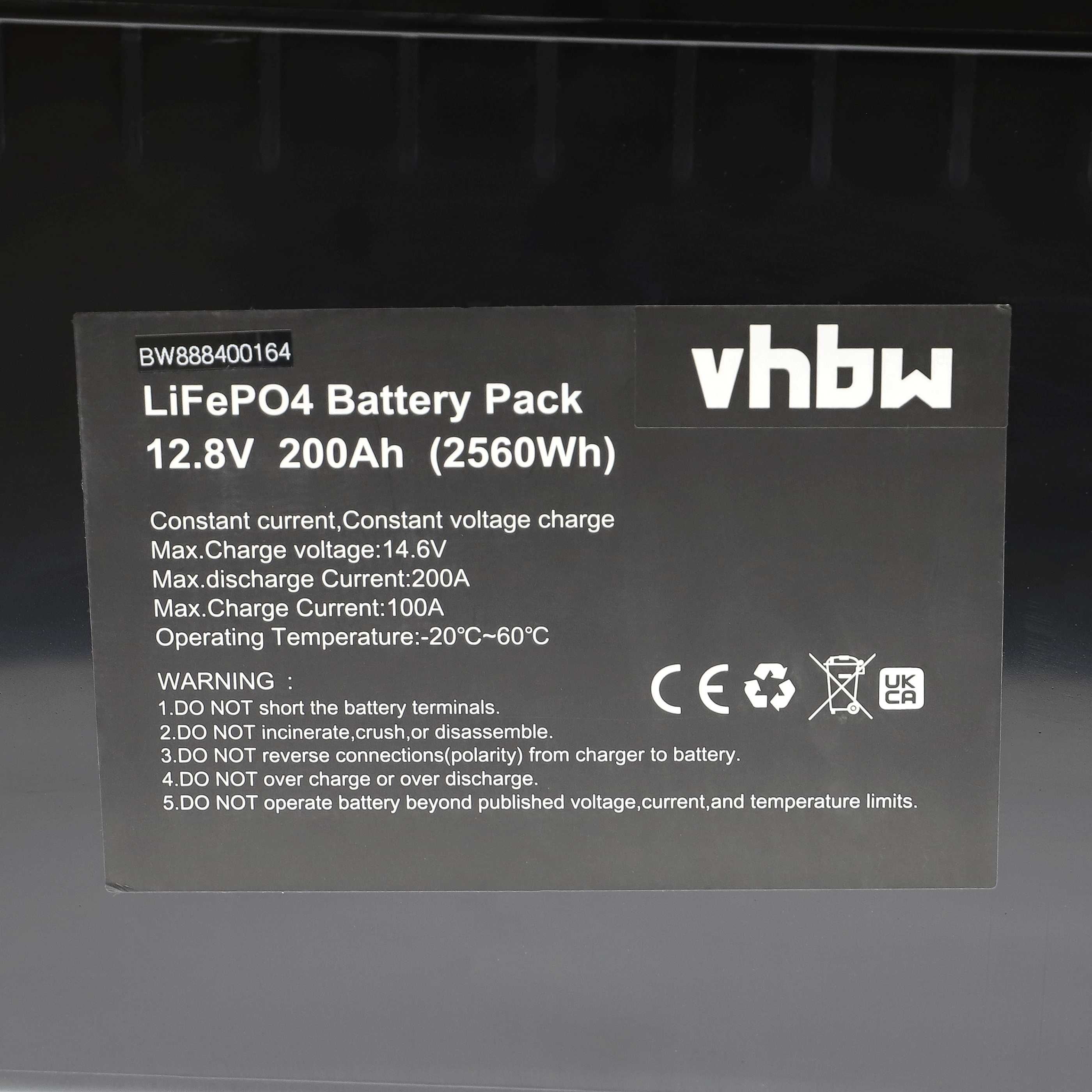 Schwarzes Batteriepack mit weißem Etikett. Text enthält 'LiFePO4', Spannung und Warnhinweise.