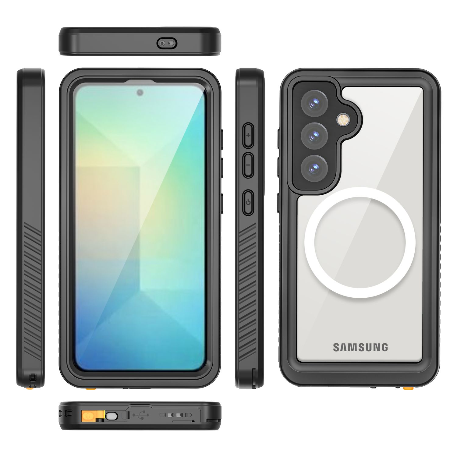 Schwarze wasserdichte Handyhülle, verschiedene Ansichten, mit Samsung-Logo.