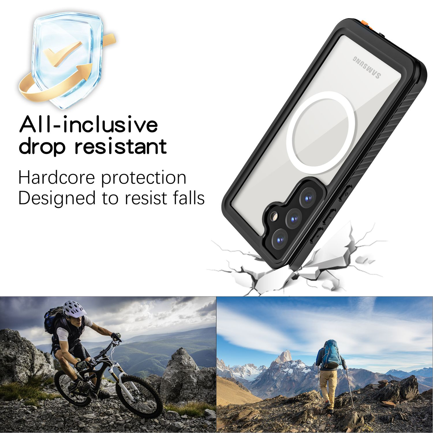 Handyhülle mit Telefon, Risse. Mountainbiker. Wanderer.