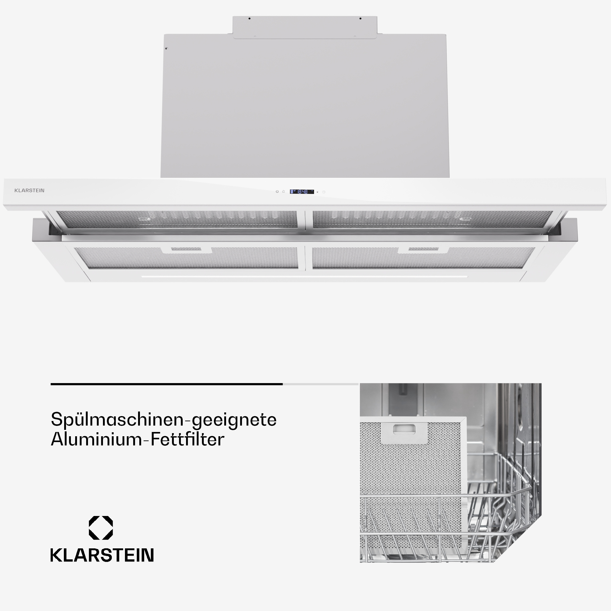 Weiße Küchenhaube mit zwei Filtern und einem kleinen Digitaldisplay. Weißer Hintergrund.