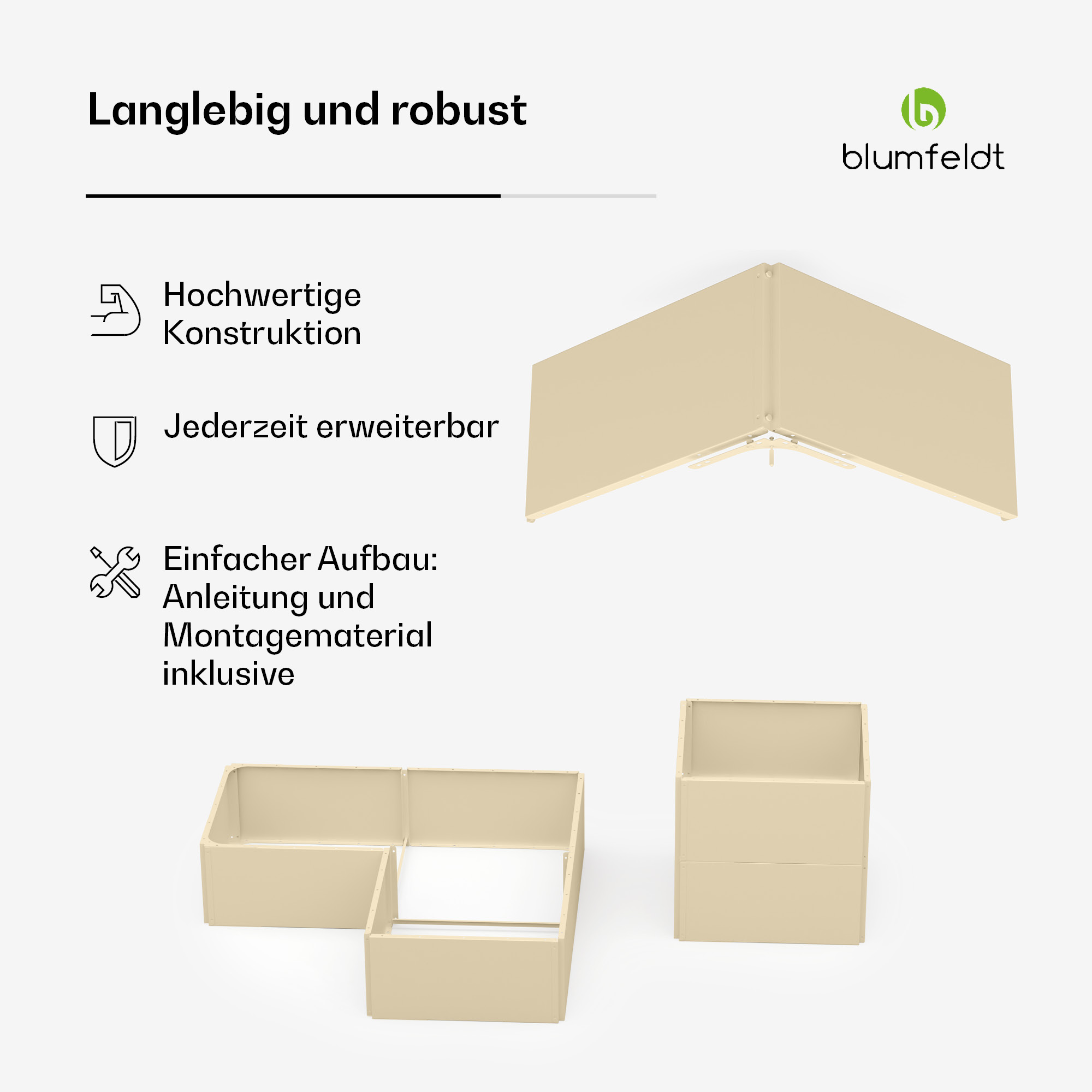 Beige modulares Regal mit drei Abschnitten. Text: 'Langlebig und robust' und 'blumfeldt' Logo.