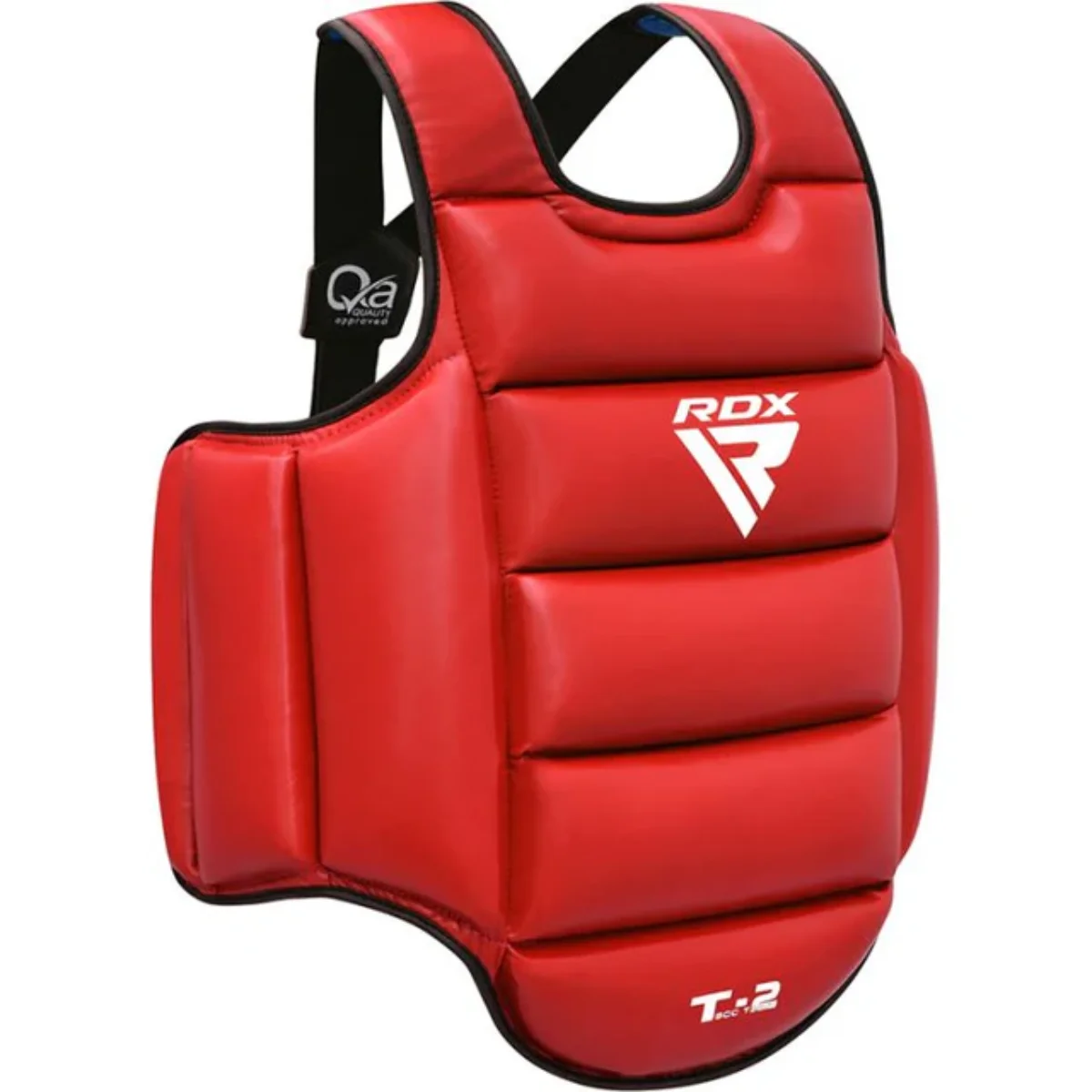 Red chest protector for martial arts, RDX logo, on a white background.