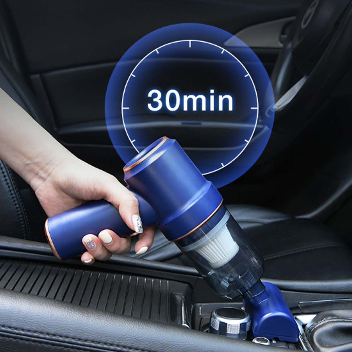 Aspiradora de mano azul en interior de coche con gráfico de reloj.