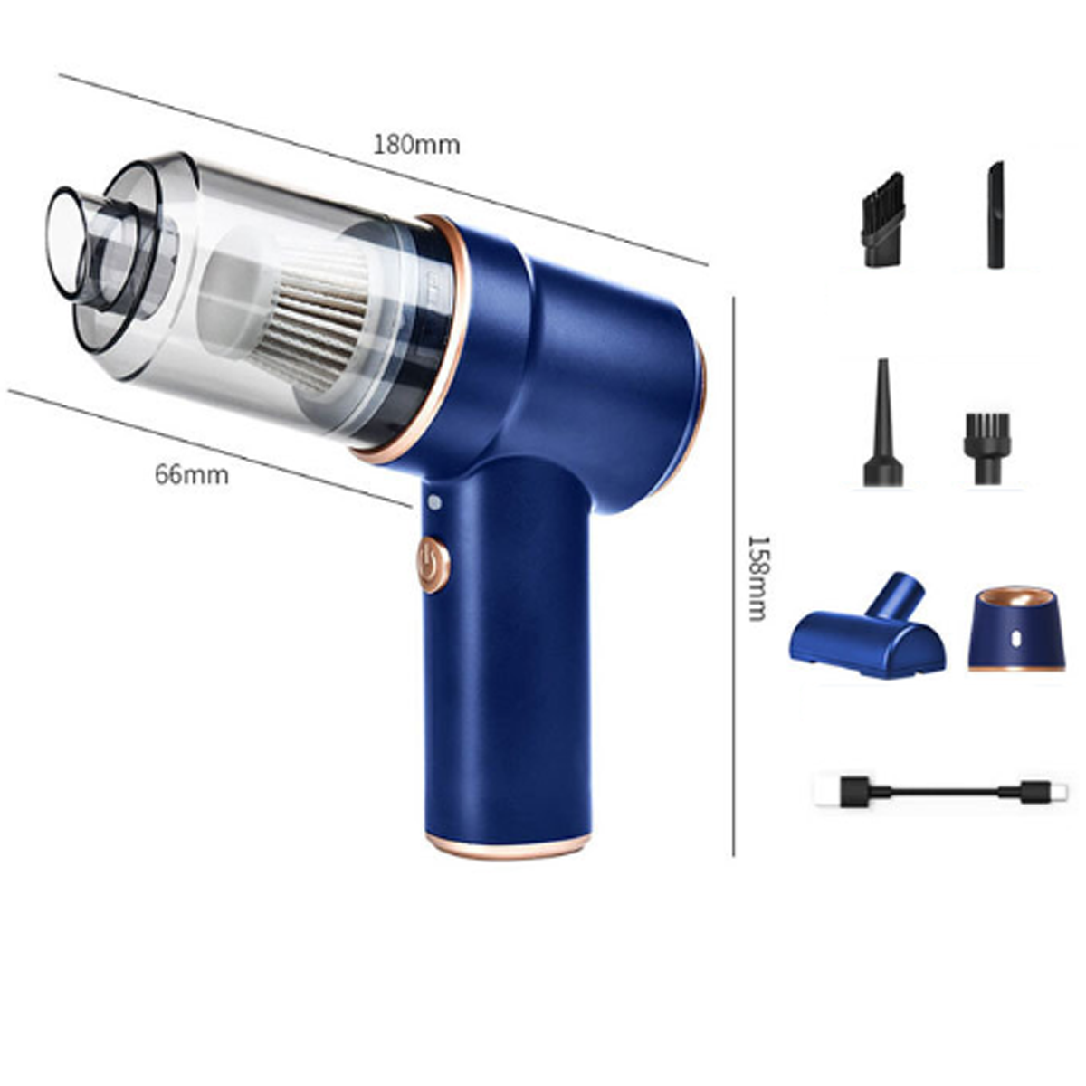 Aspiradora azul inalámbrica con accesorios, dimensiones y medidas proporcionadas.