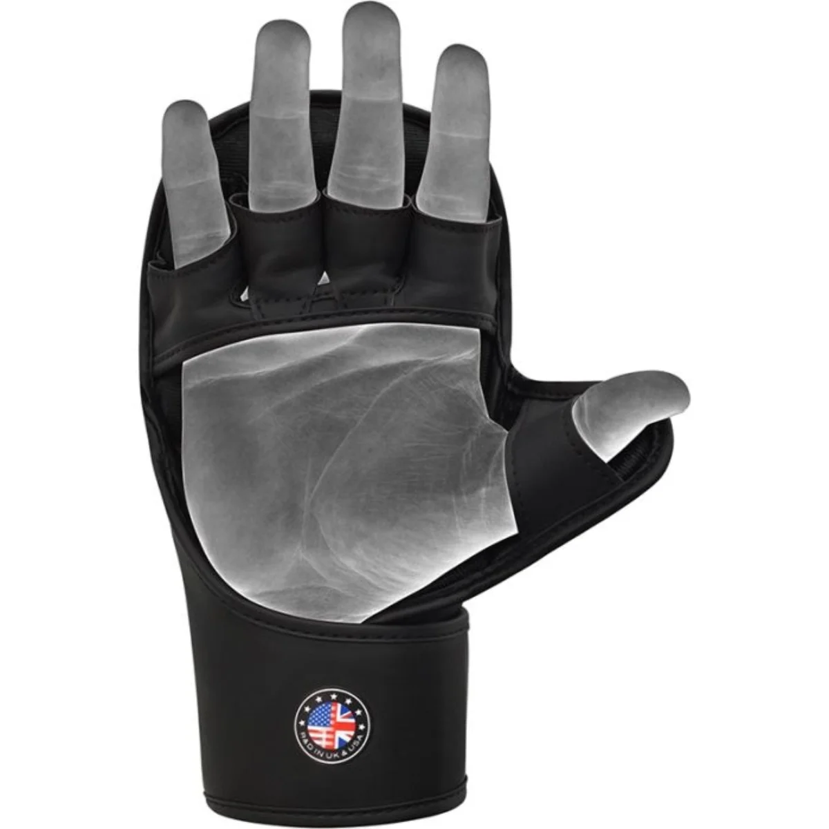 Black workout glove showing a hand with fingers. White background.
