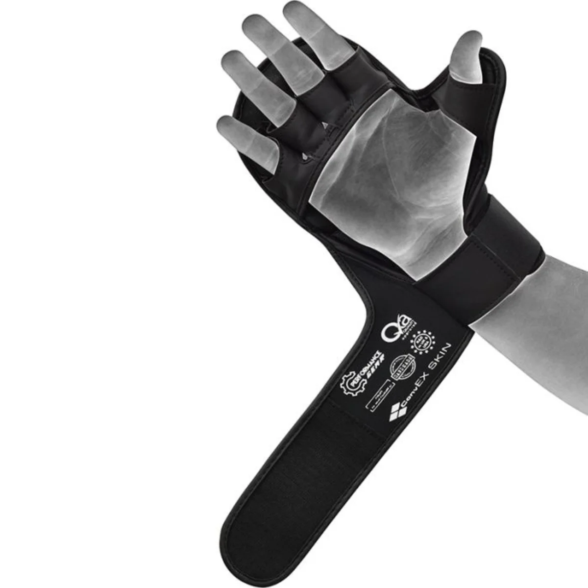 Black and gray weightlifting glove on a hand. The glove is open-fingered and has a wrist strap.