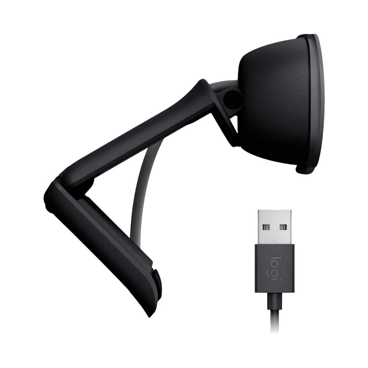 Webcam nera con supporto e cavo USB. Il logo Logitech è sul connettore USB.