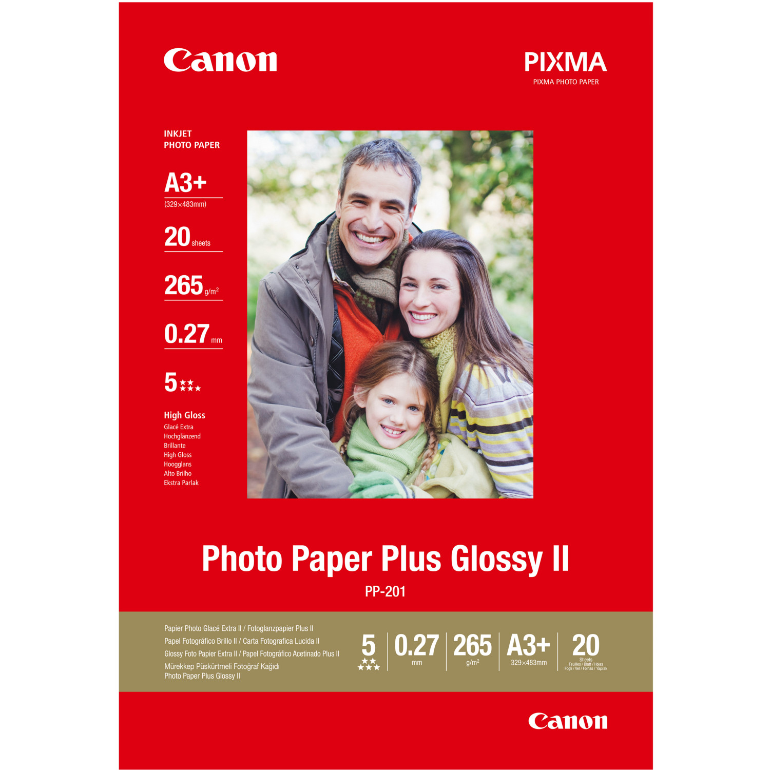 Eine Packung Canon Photo Paper Plus Glossy II mit einem Familienporträt.