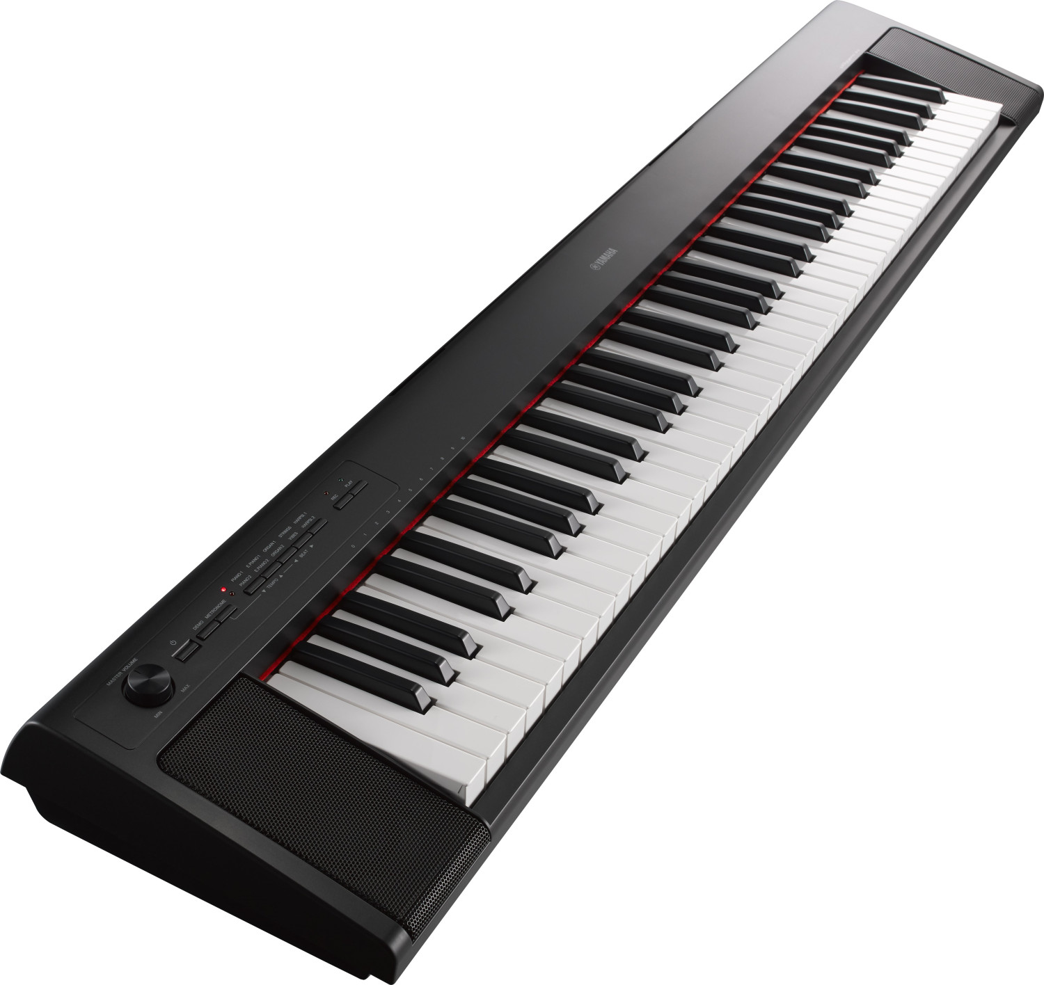Schwarzes Yamaha Digitalpiano mit weißen Tasten, roten Akzenten und einem Lautsprecher vorne.