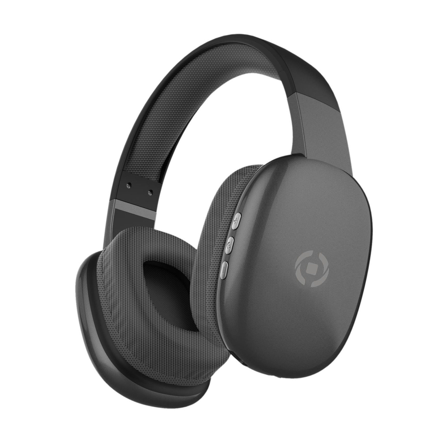 Una cuffia wireless grigio scuro è appoggiata su uno sfondo bianco. Pulsanti e un logo sono visibili.