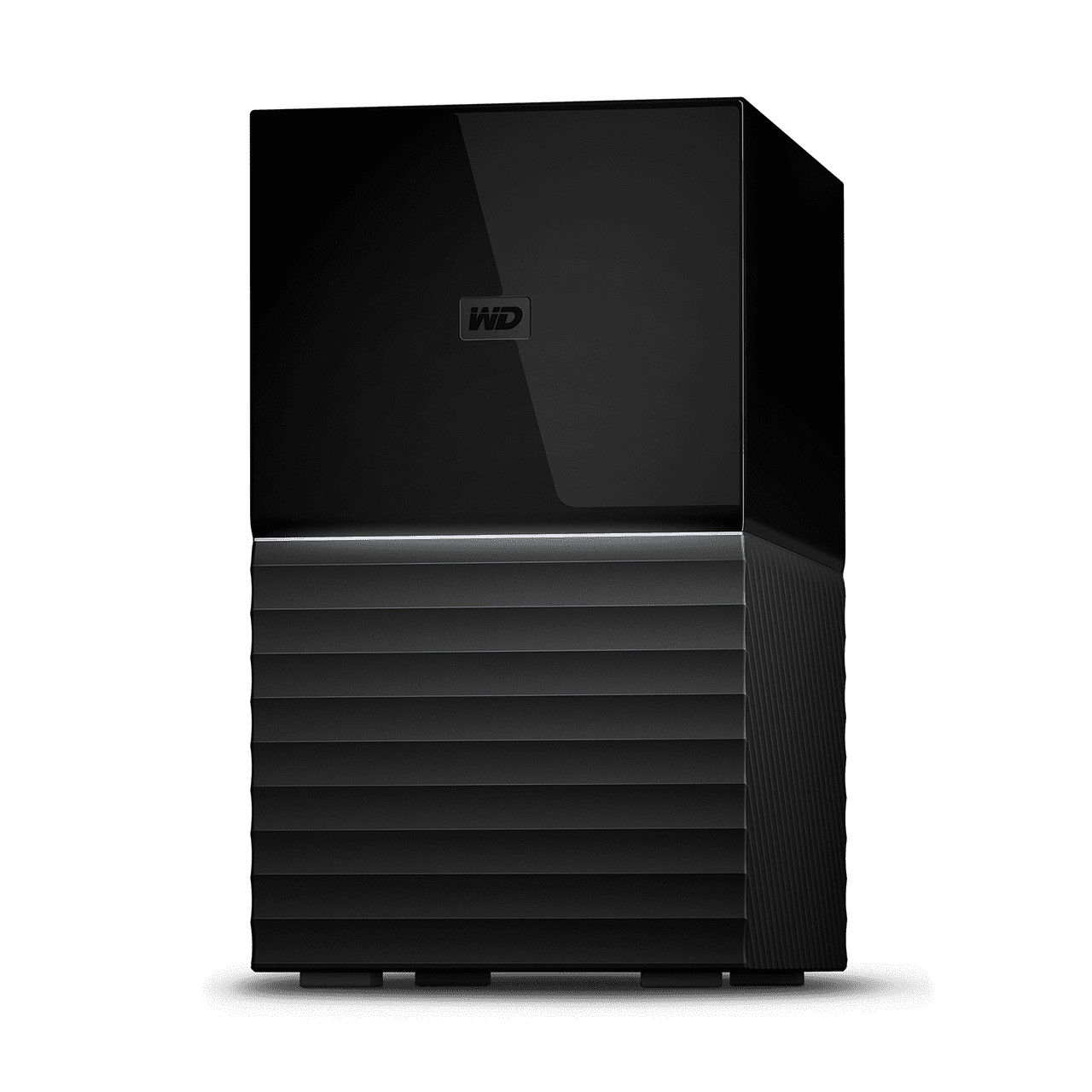 Black external hard drive. The drive is rectangular with a textured front panel. White background.