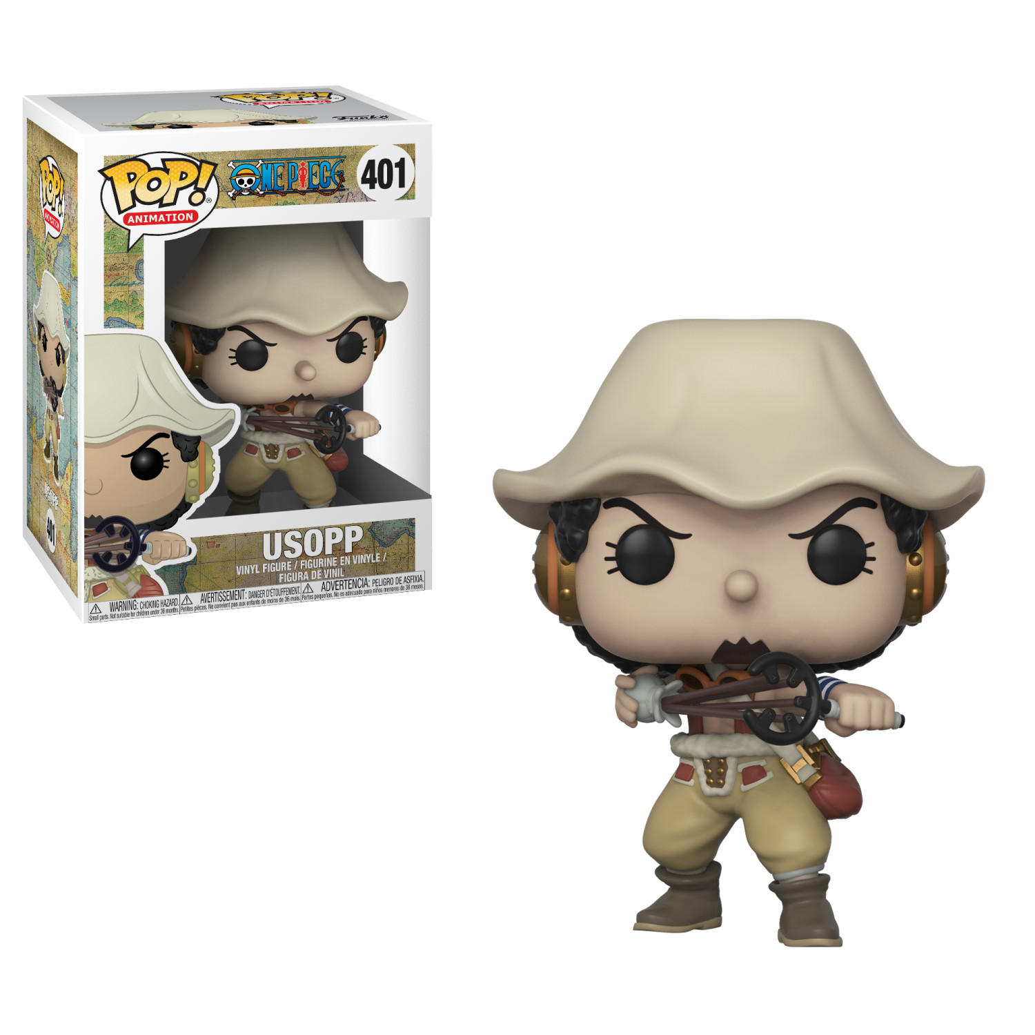 Figurka Ussopp Funko Pop w pudełku, trzymająca procę. Pudełko pokazuje postać i imię.