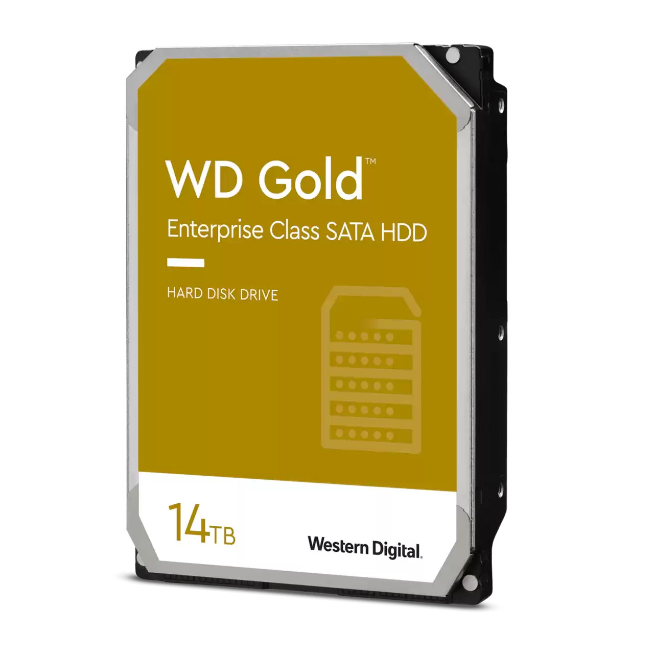 Dysk twardy z żółtymi i czarnymi detalami. Marka to Western Digital i jest to dysk 14 TB.
