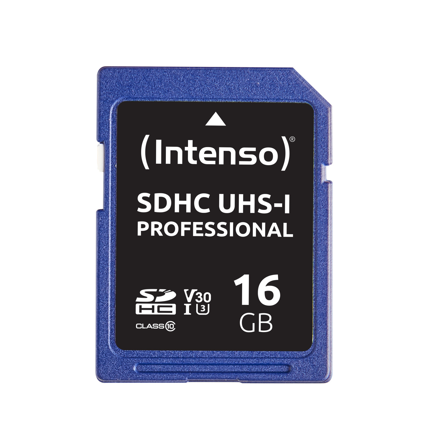Niebieska karta SDHC z czarną etykietą. Widoczny tekst '(Intenso) SDHC UHS-I PROFESSIONAL 16 GB'.