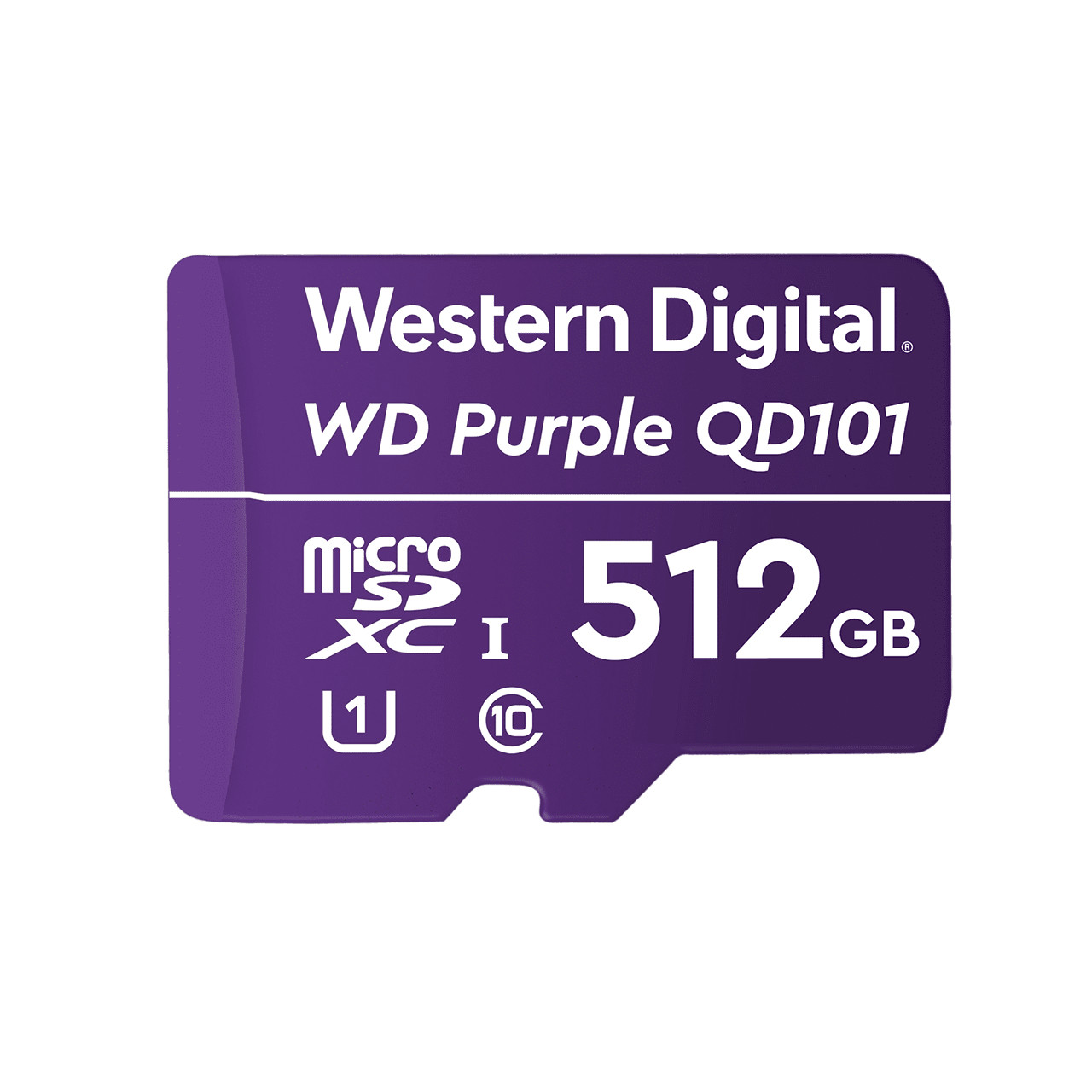 Een paarse Western Digital microSD-kaart met witte tekst, geïsoleerd op een witte achtergrond.