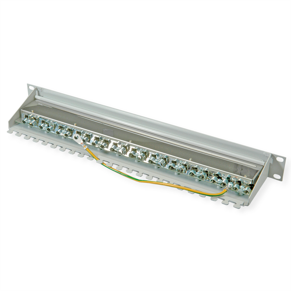 Un composant électrique en métal gris avec des connecteurs et des fils. Il est sur fond blanc.