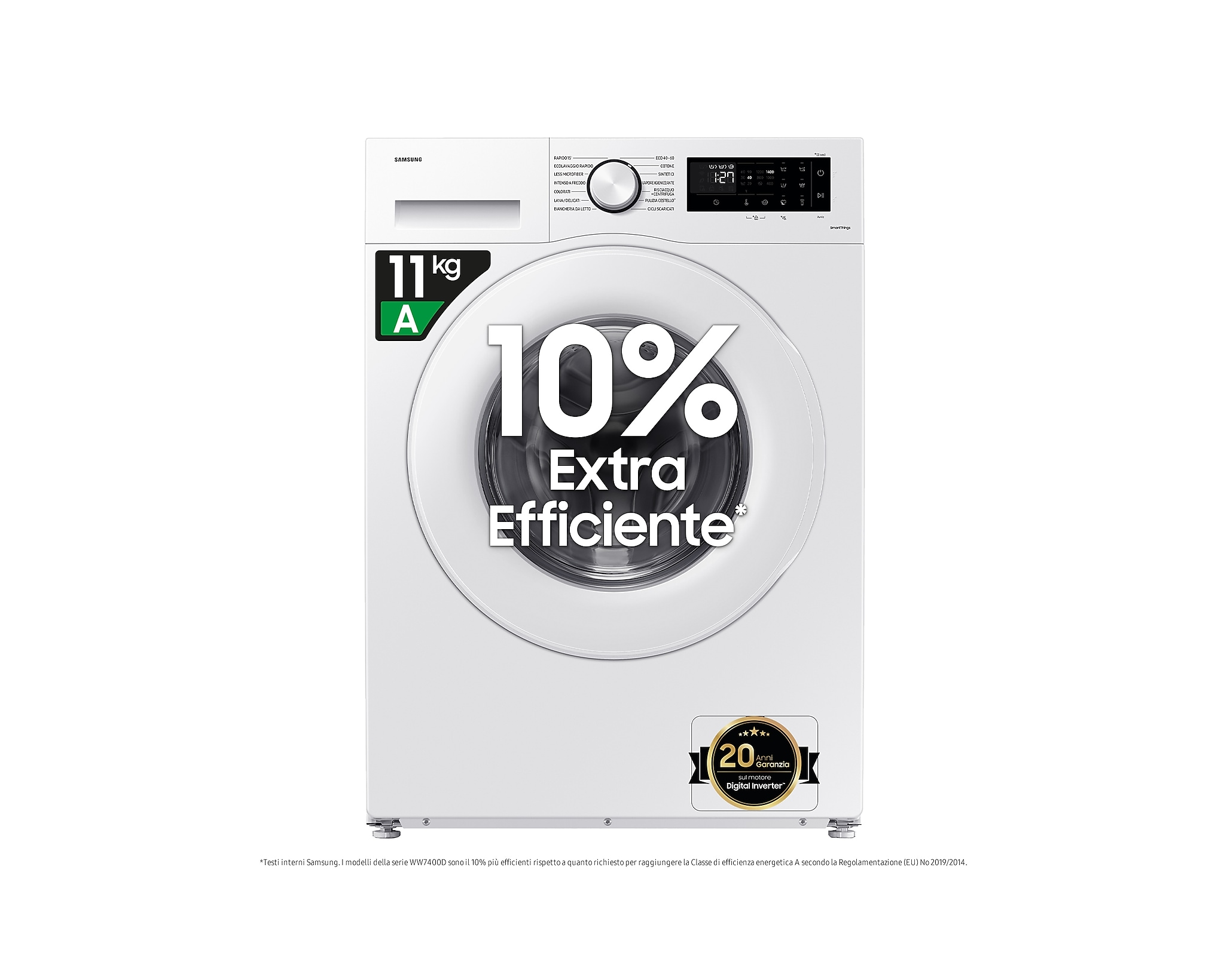 Lavatrice bianca con etichetta 10% extra efficiente. Porta nera con testo e quadrante bianchi.