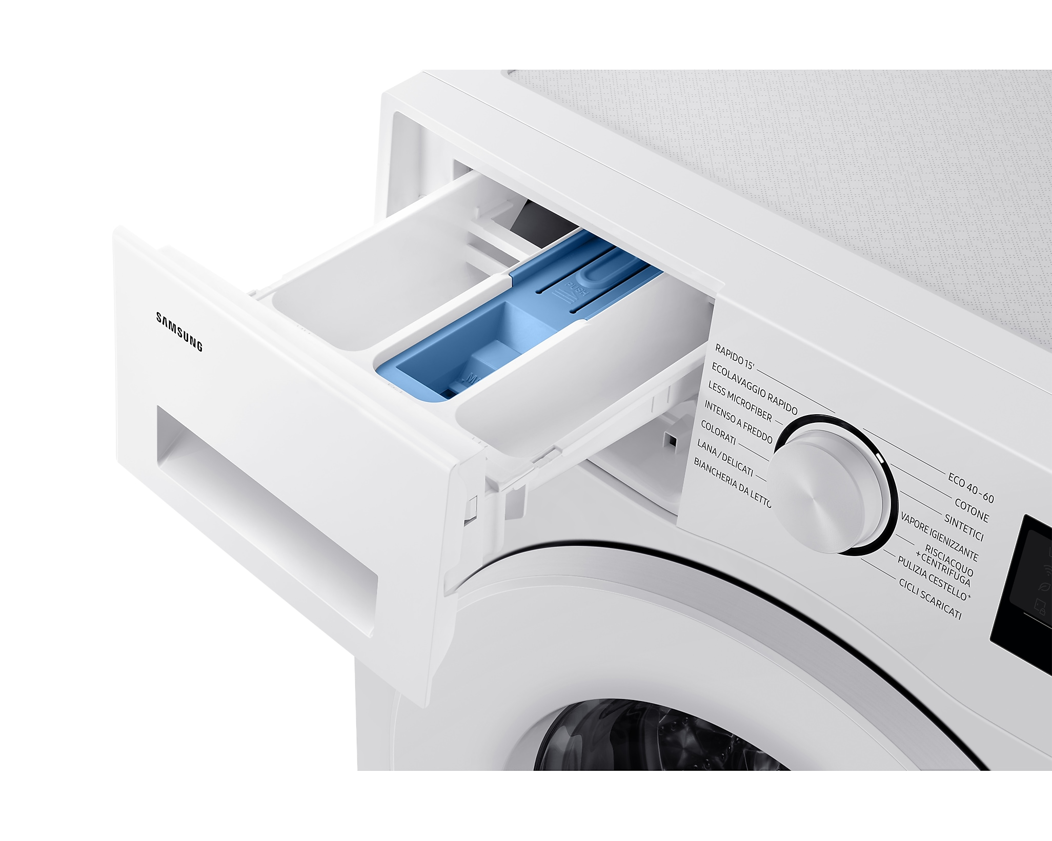 Cassetto lavatrice Samsung bianco, parzialmente aperto, mostra scomparto detersivo.