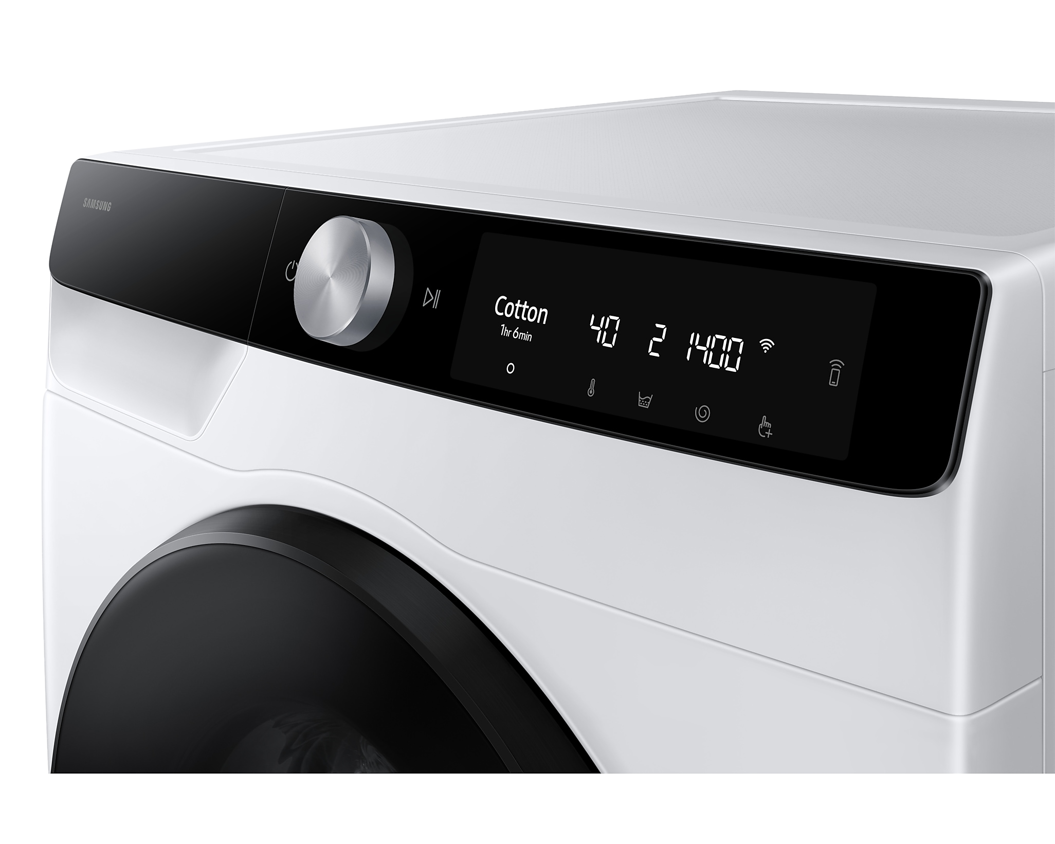 Nahaufnahme des Bedienfelds einer weißen Samsung-Waschmaschine.
