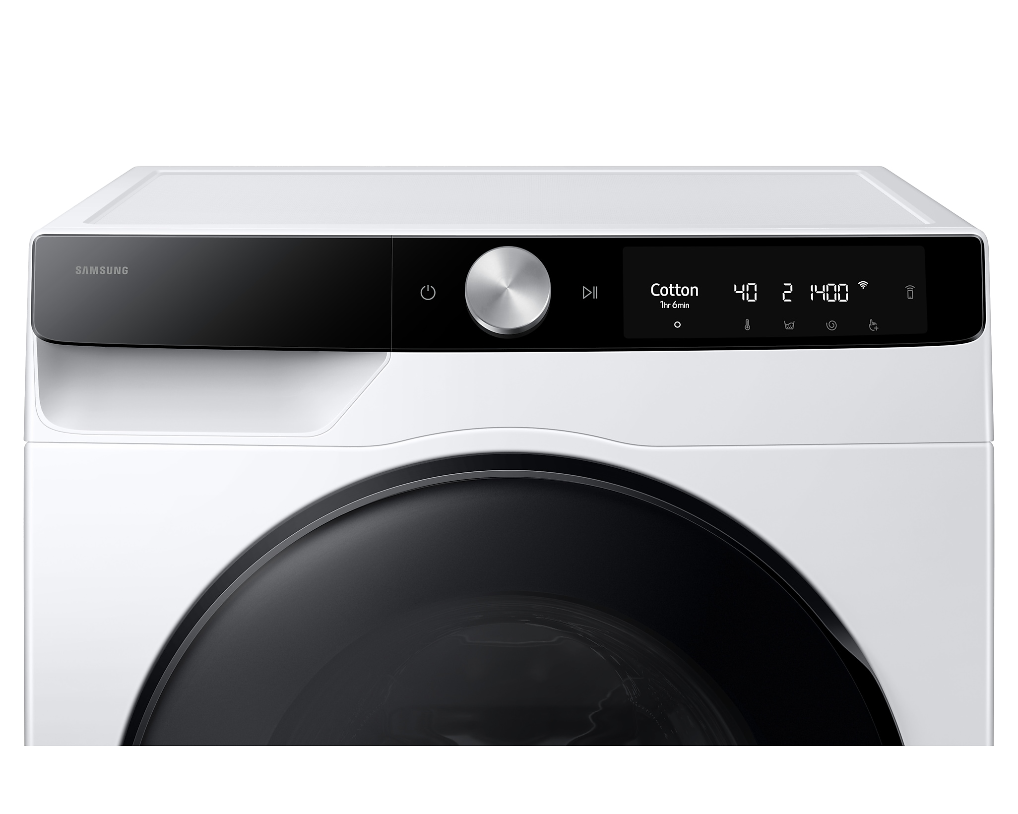Draufsicht auf das Bedienfeld einer weißen Samsung-Waschmaschine.