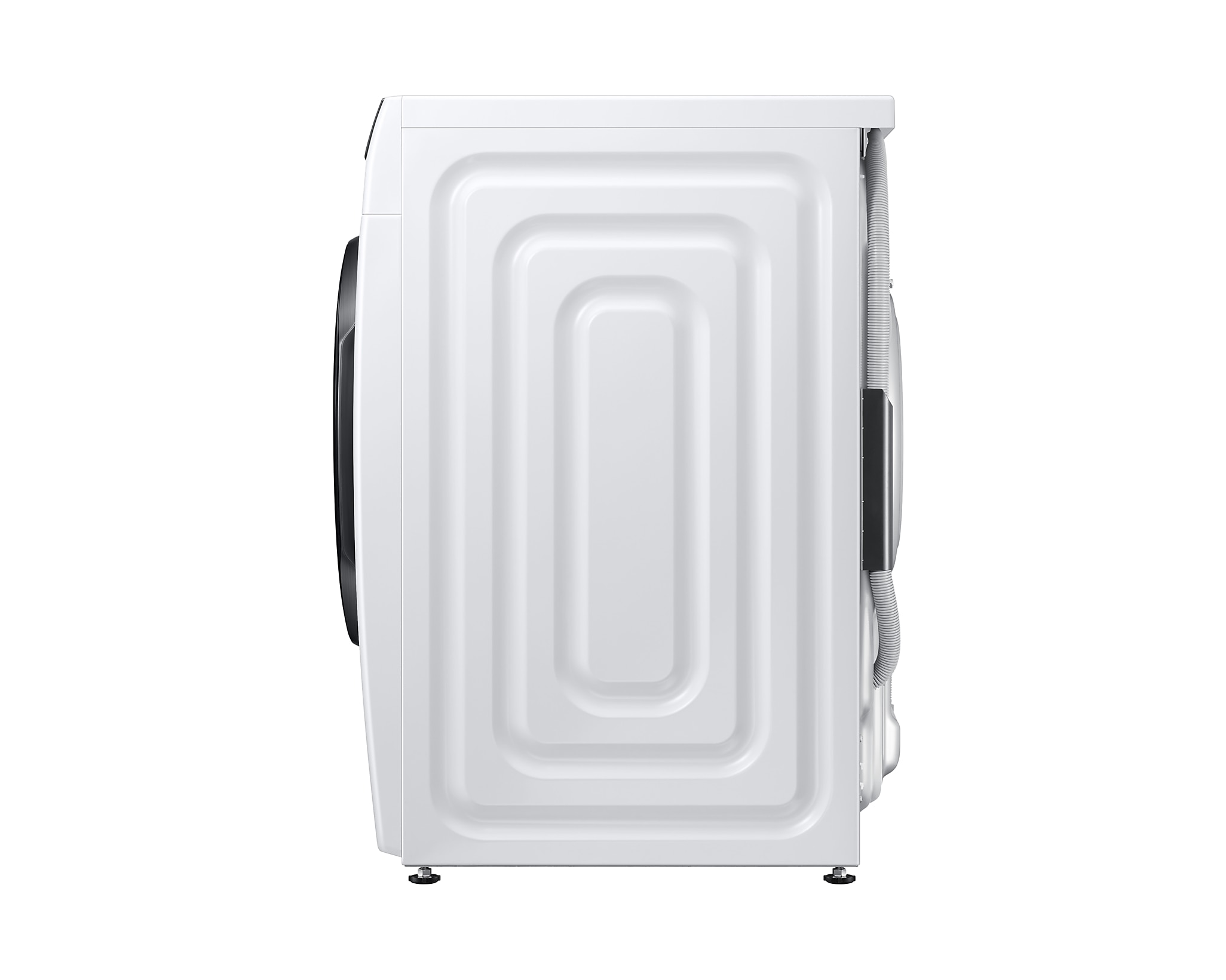 Seitenansicht der weißen Samsung Waschmaschine. Rückseite mit strukturiertem Design.
