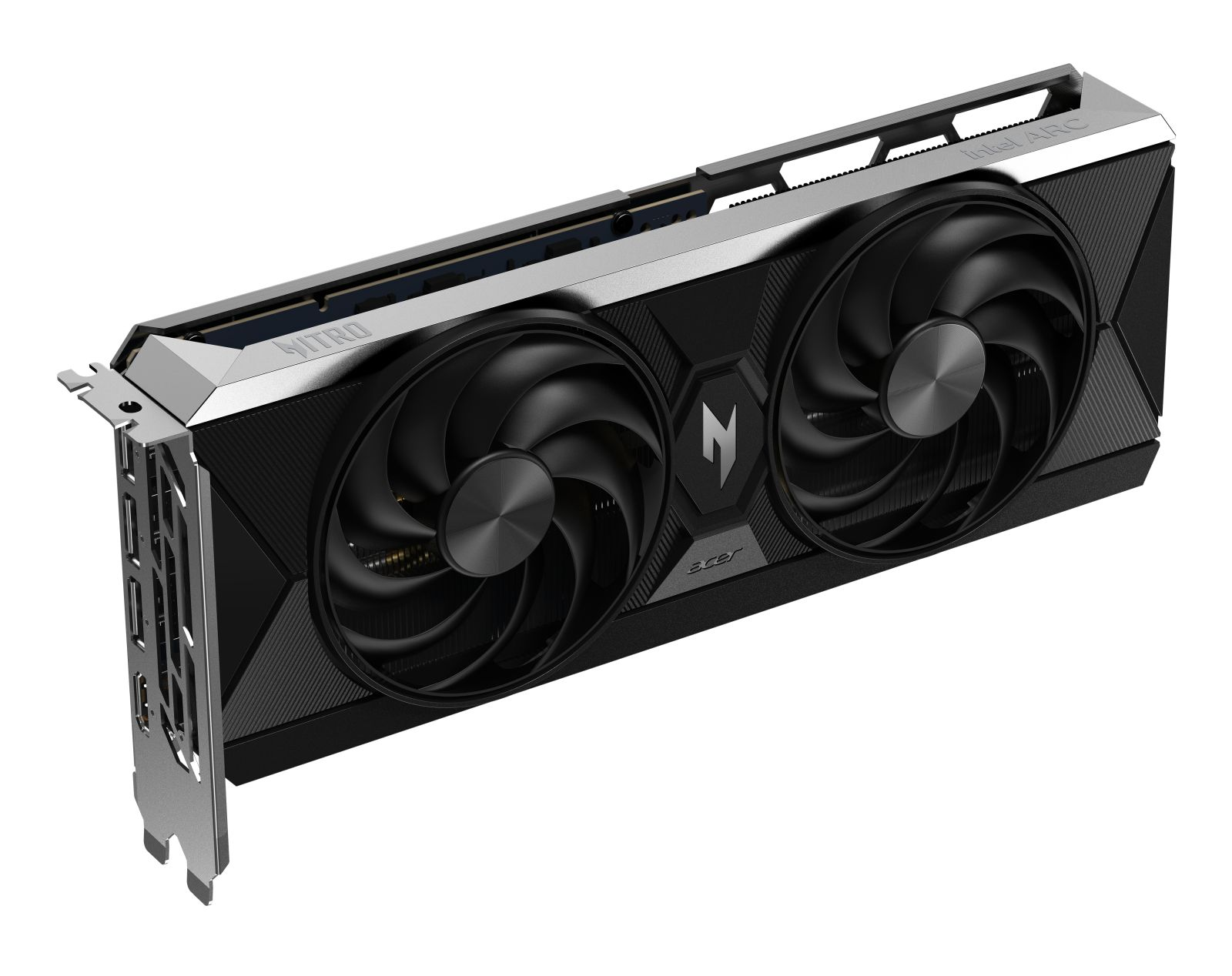 Karta graficzna z dwoma wentylatorami i logo Intel ARC.