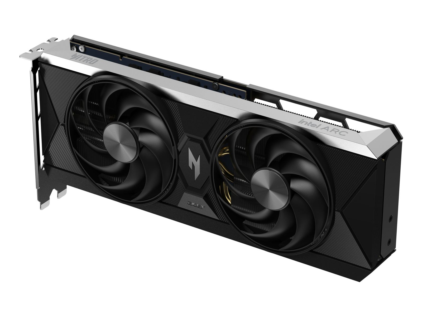 Karta graficzna z dwoma wentylatorami i logo Intel ARC.