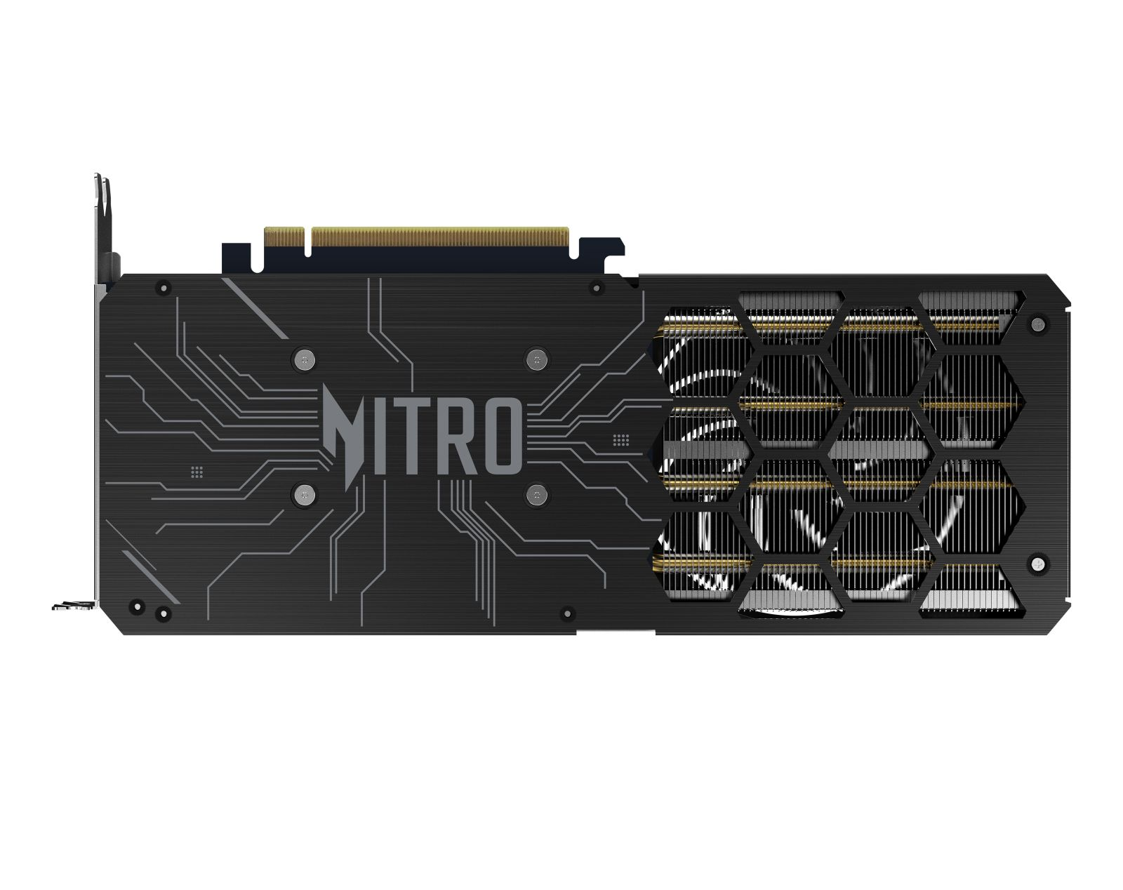 Czarna karta graficzna ze srebrnymi akcentami. Widoczne słowo NITRO.