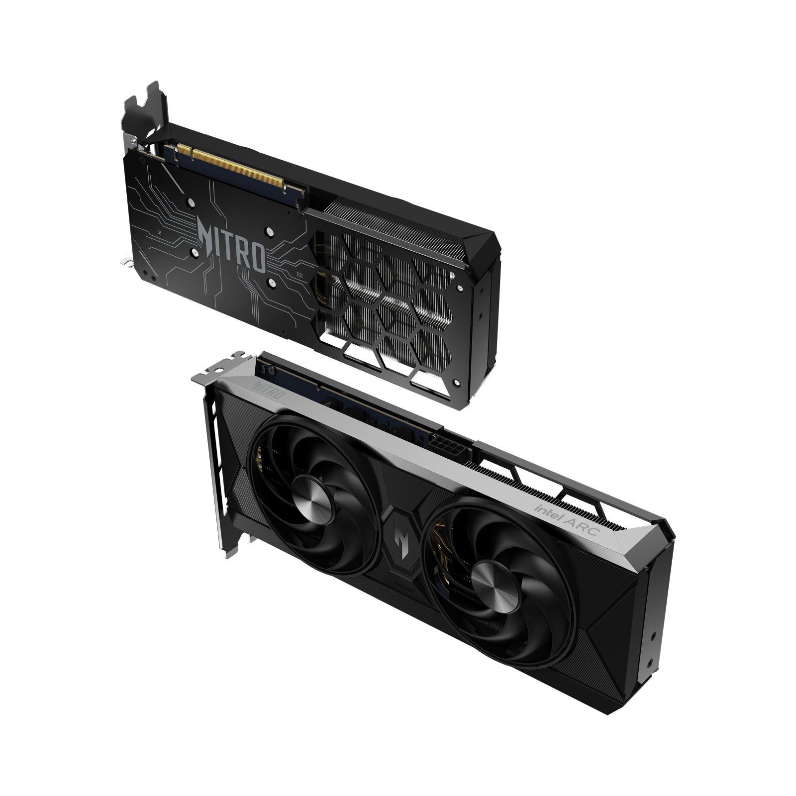 Dwie czarne i srebrne karty graficzne, jedna u góry, druga u dołu. Białe tło.