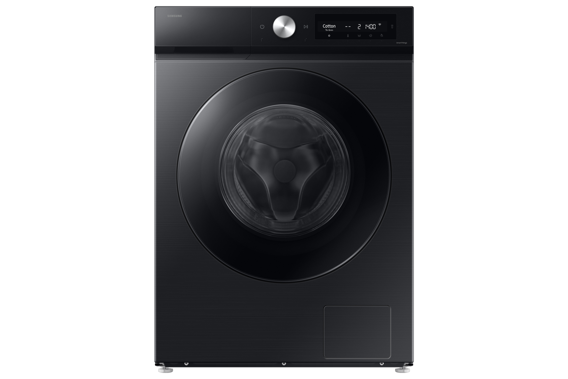 Lavatrice Samsung nera, vista frontale, con display e porta.