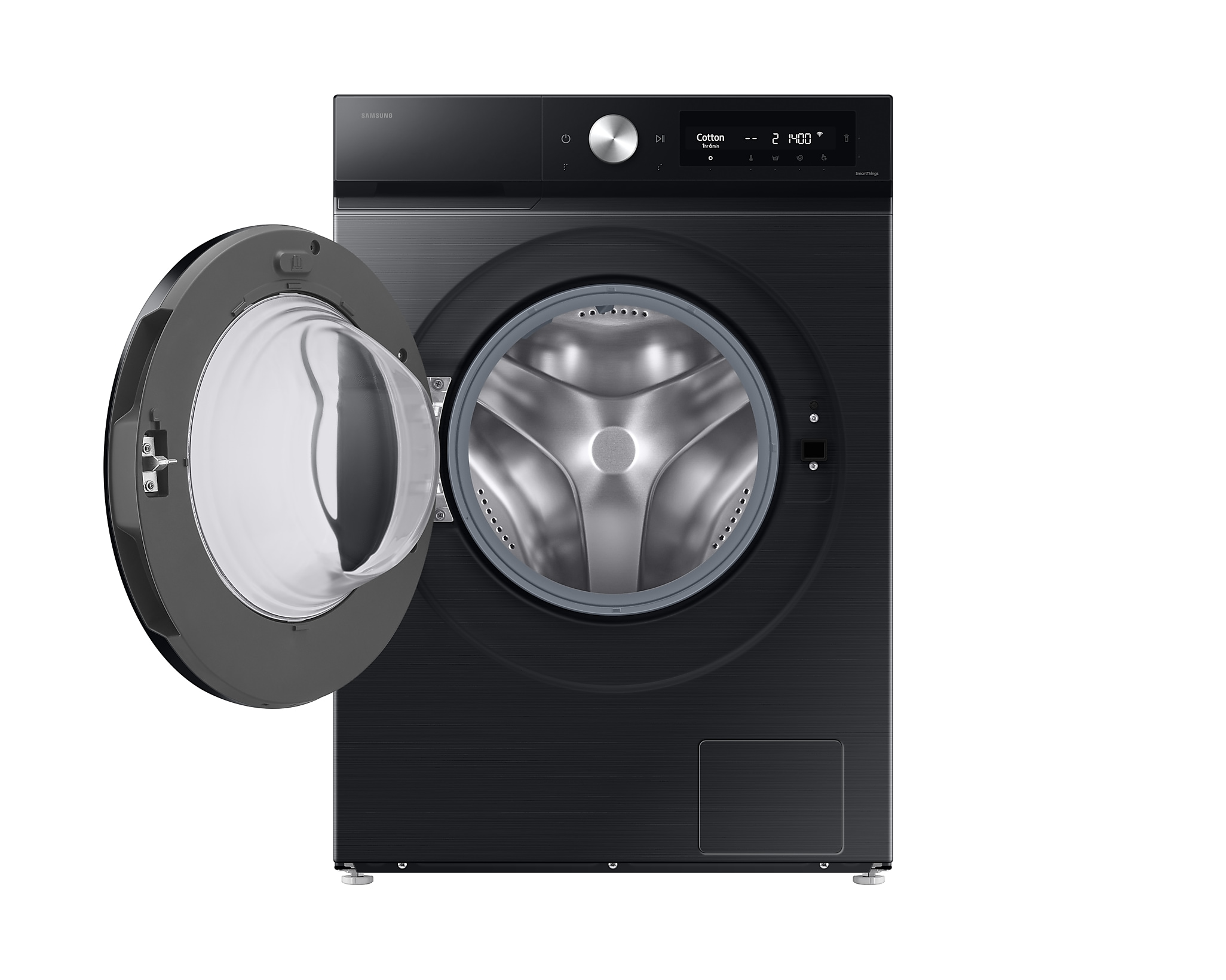 Lavatrice Samsung nera con porta aperta, sfondo bianco.