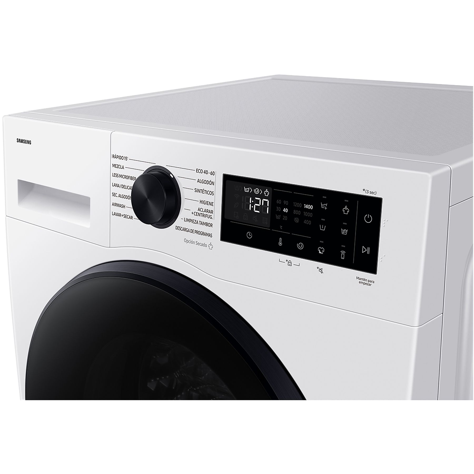 Lavadora Samsung blanca con puerta negra y panel de control con ajustes.