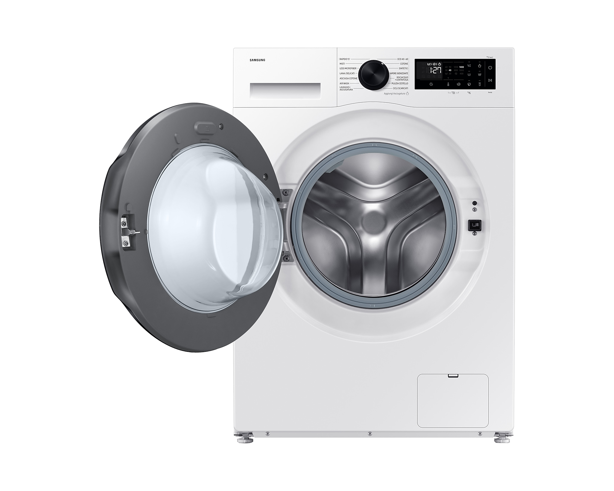Weiße Waschmaschine mit offener Tür, Trommel sichtbar. Digitalanzeige und Bedienfeld sind sichtbar.