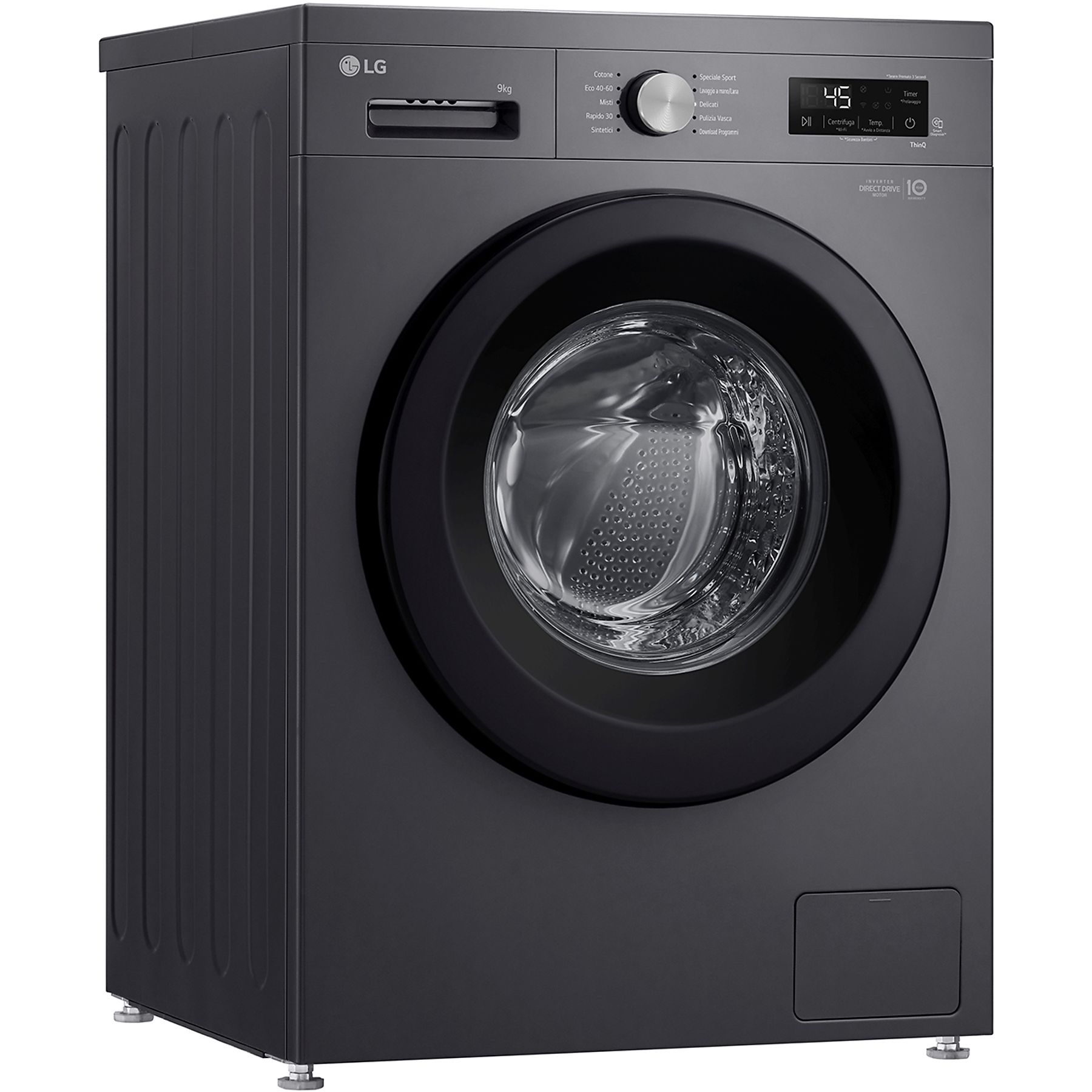 Una lavatrice LG grigio scuro. Vista frontale con porta nera e pannello.