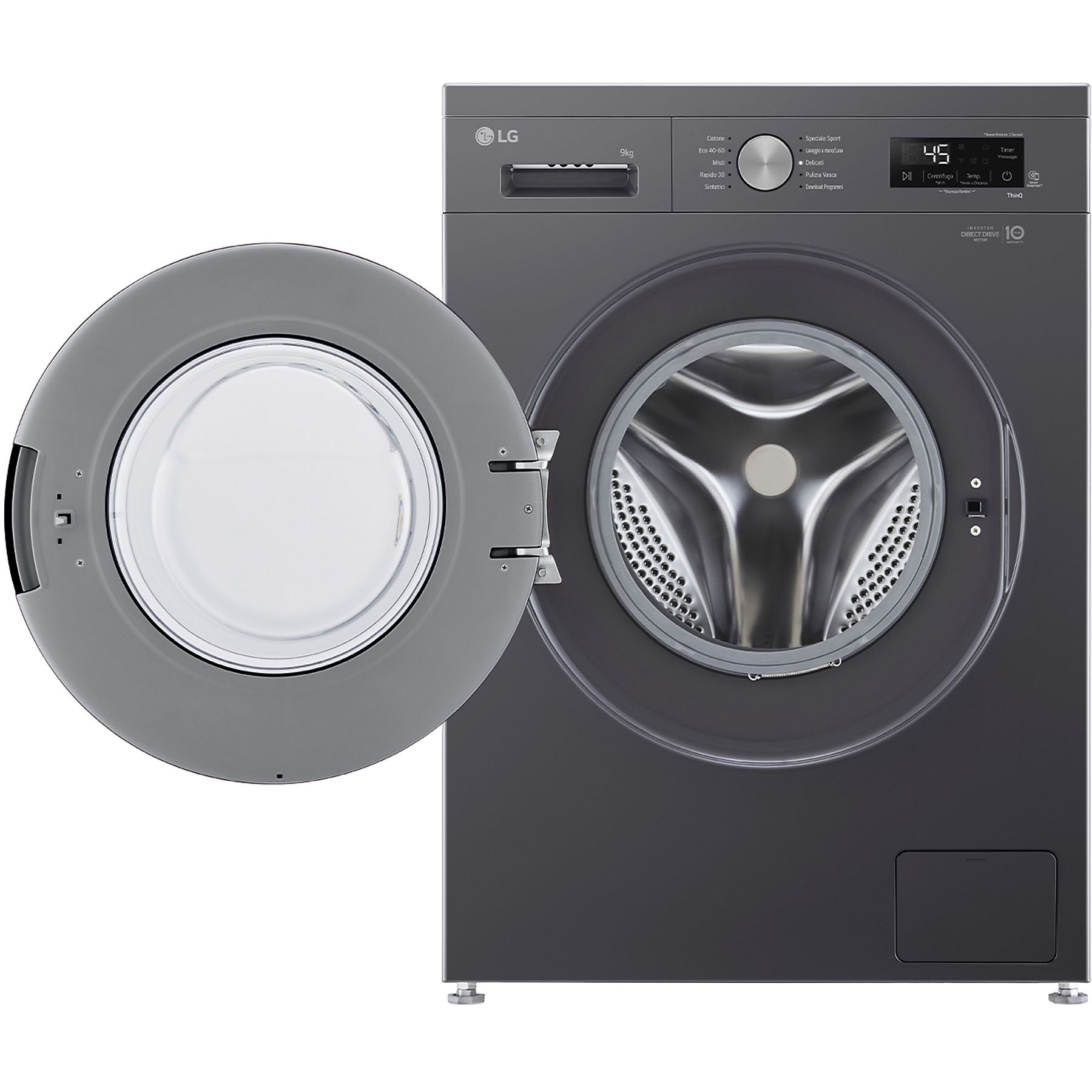 Lavatrice LG con porta aperta. Colore grigio scuro. Sfondo bianco.
