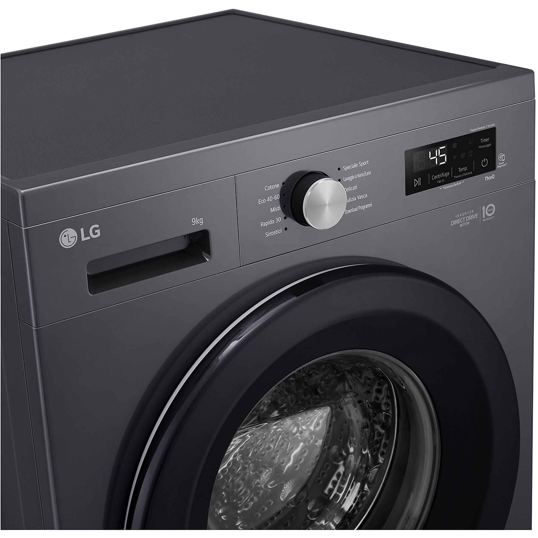 Lavatrice LG grigio scuro, con un pannello di controllo che mostra i programmi e un display.