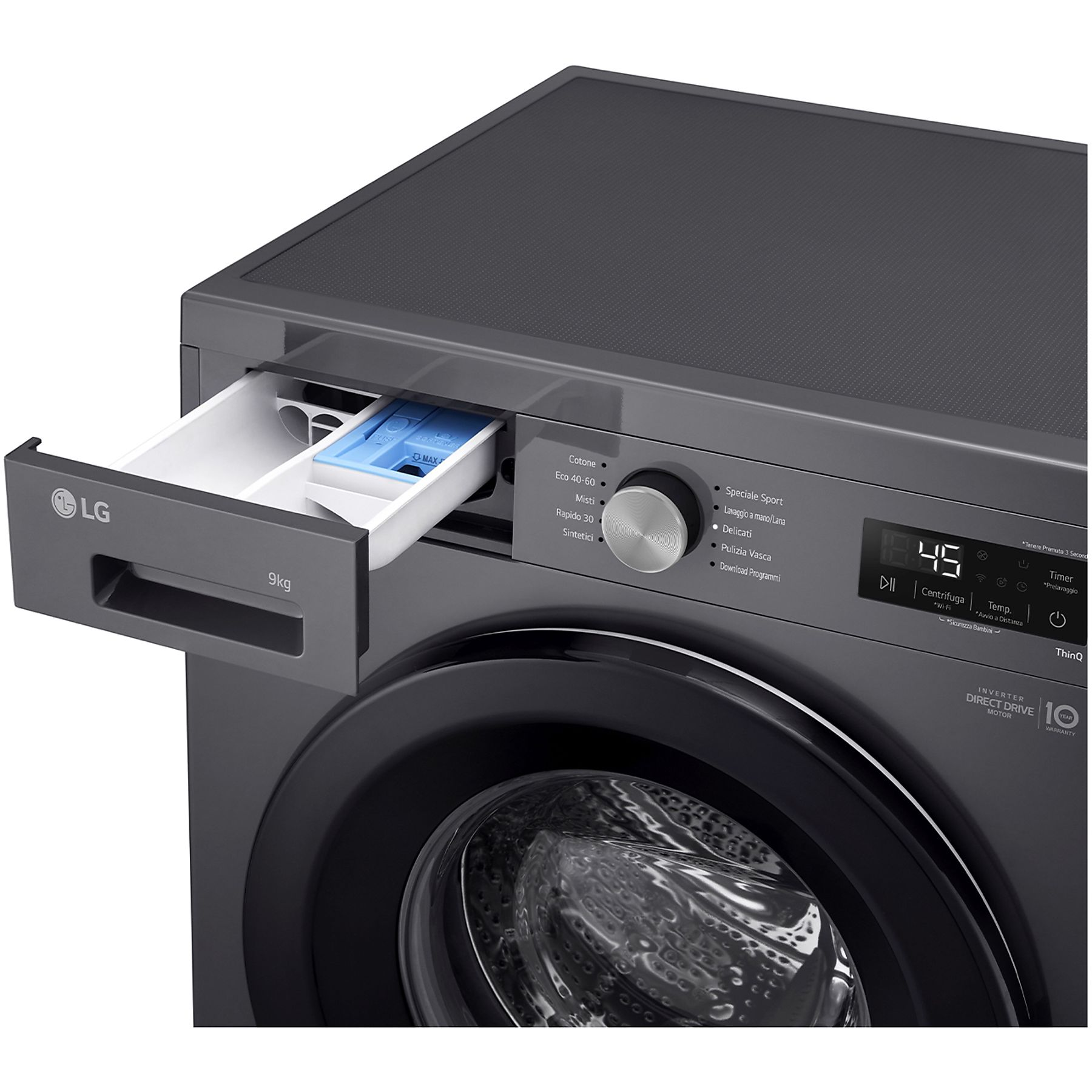 Lavatrice LG grigio scuro con cassetto detersivo aperto e pannello di controllo.