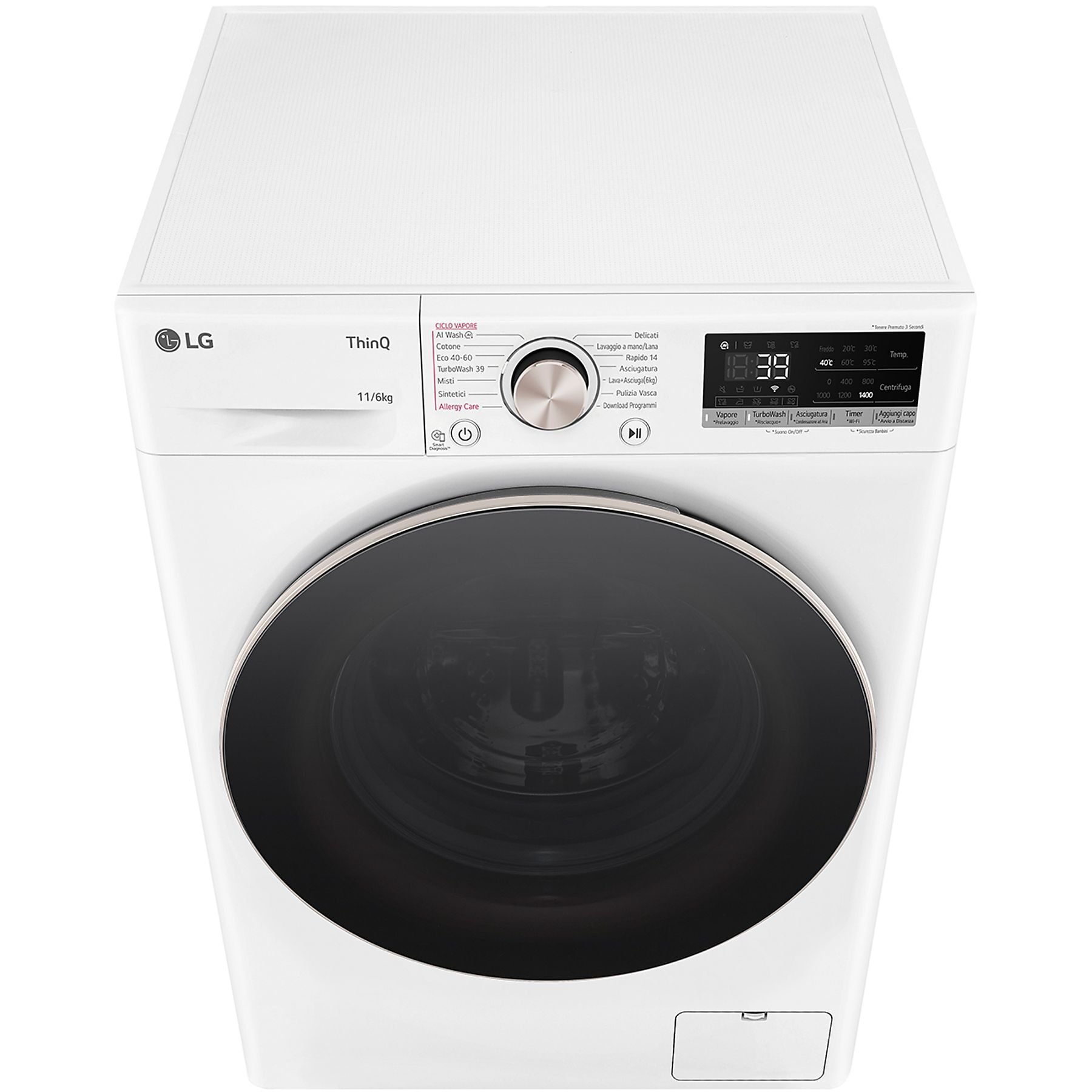 Biała pralka, widok z góry. Czarne drzwi, panel sterowania i szuflada na detergent. Logo LG.