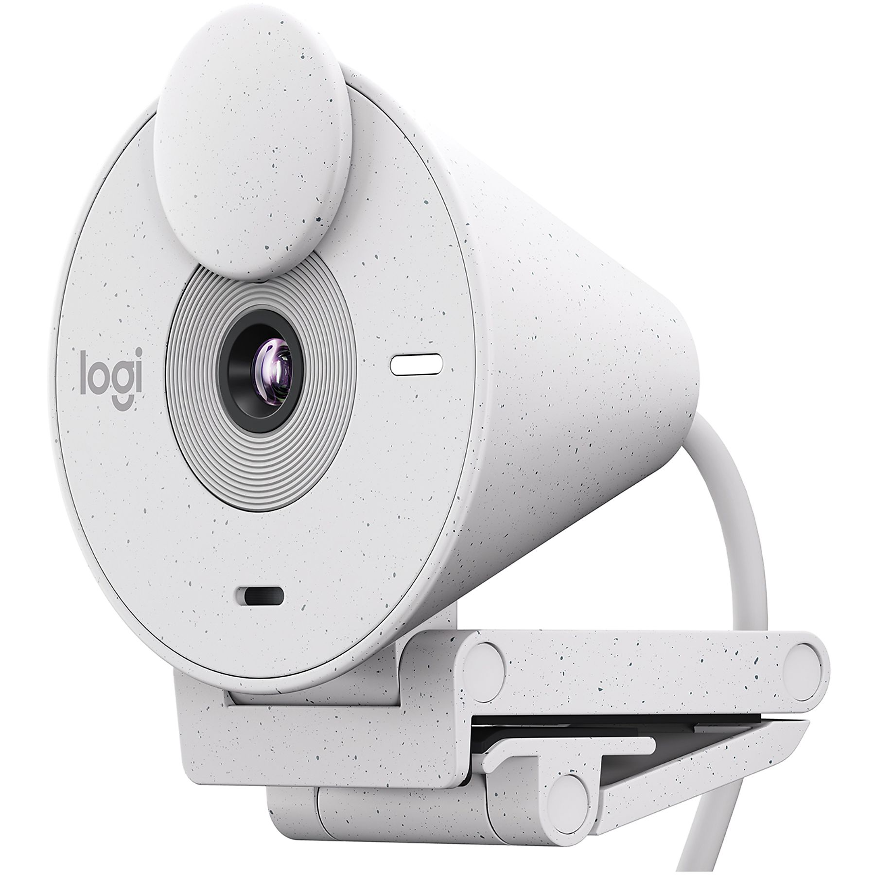 Une webcam blanche. Elle a un objectif, un microphone et un clip de montage. Le logo 'logi'.