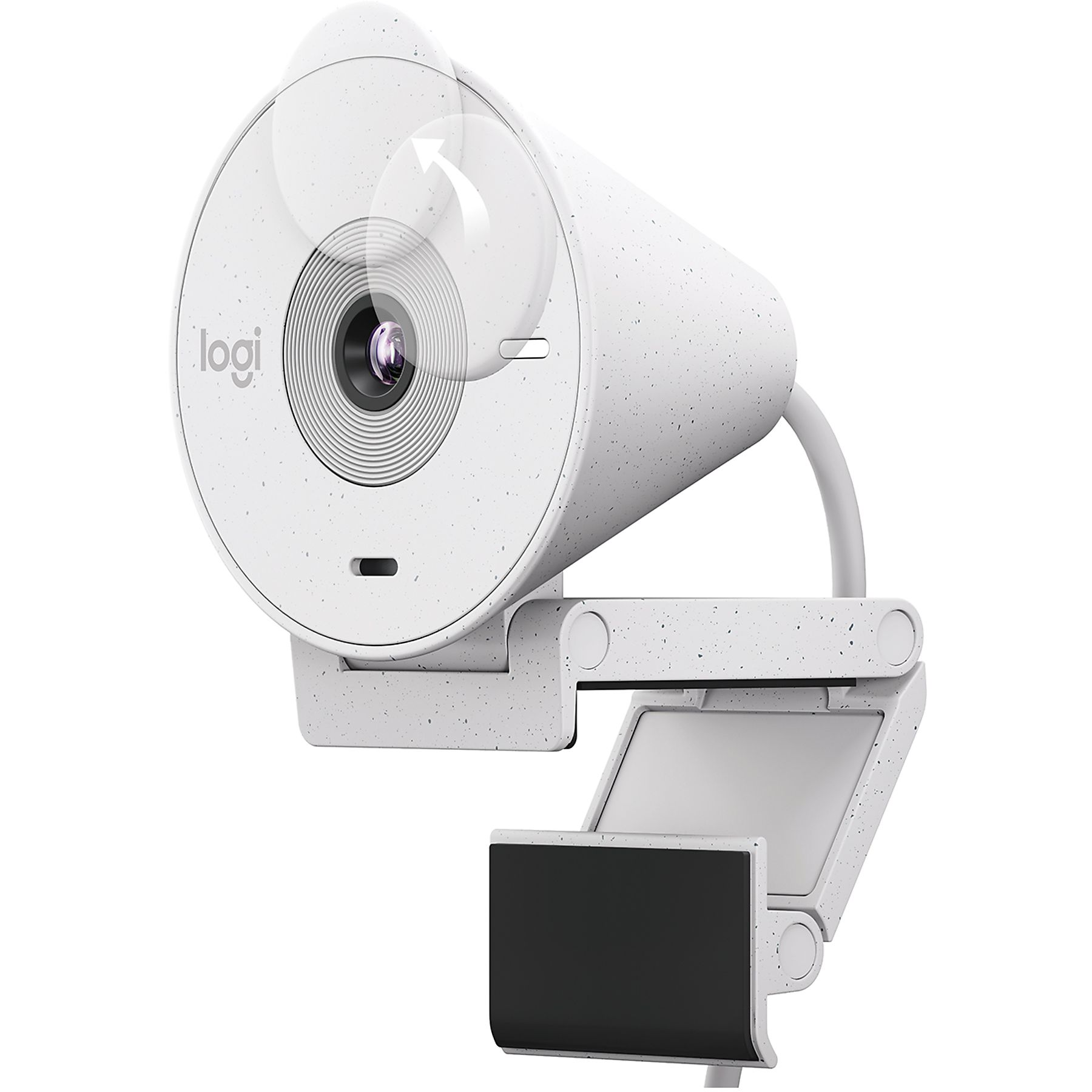 Webcam blanche avec écran noir et protection transparente. Fond blanc.