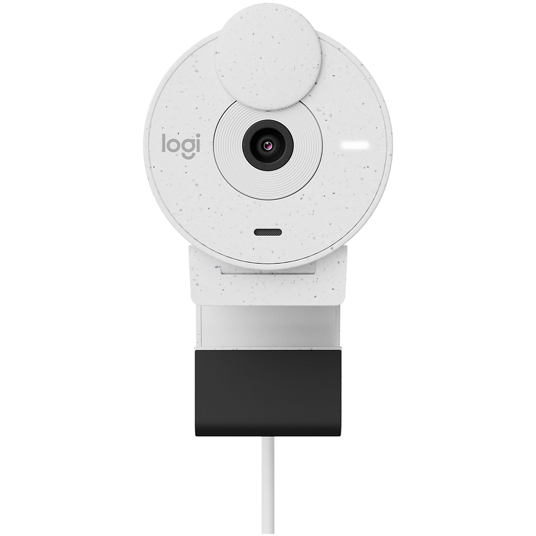Webcam blanche avec pied noir et câble blanc.