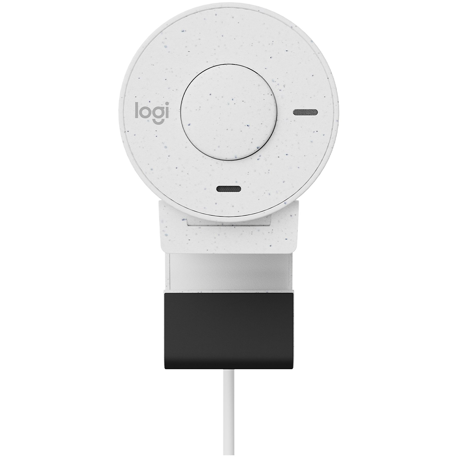Une webcam blanche mouchetée avec une base noire et un câble blanc.
