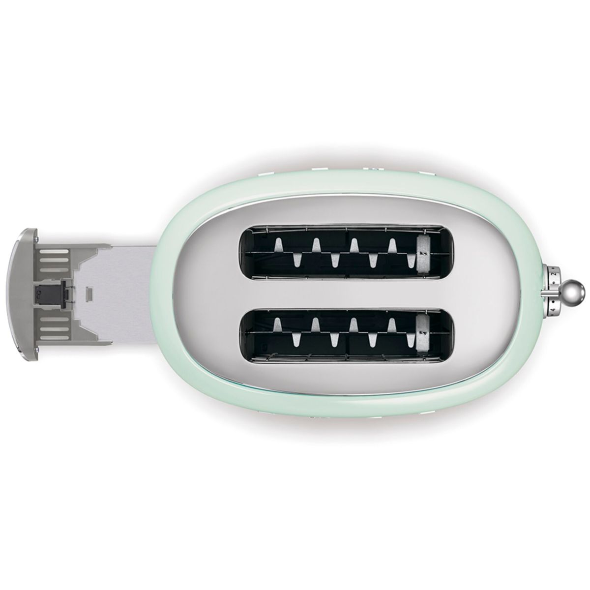 Widok z góry na dwuslotowy miętowy toster. Białe tło.