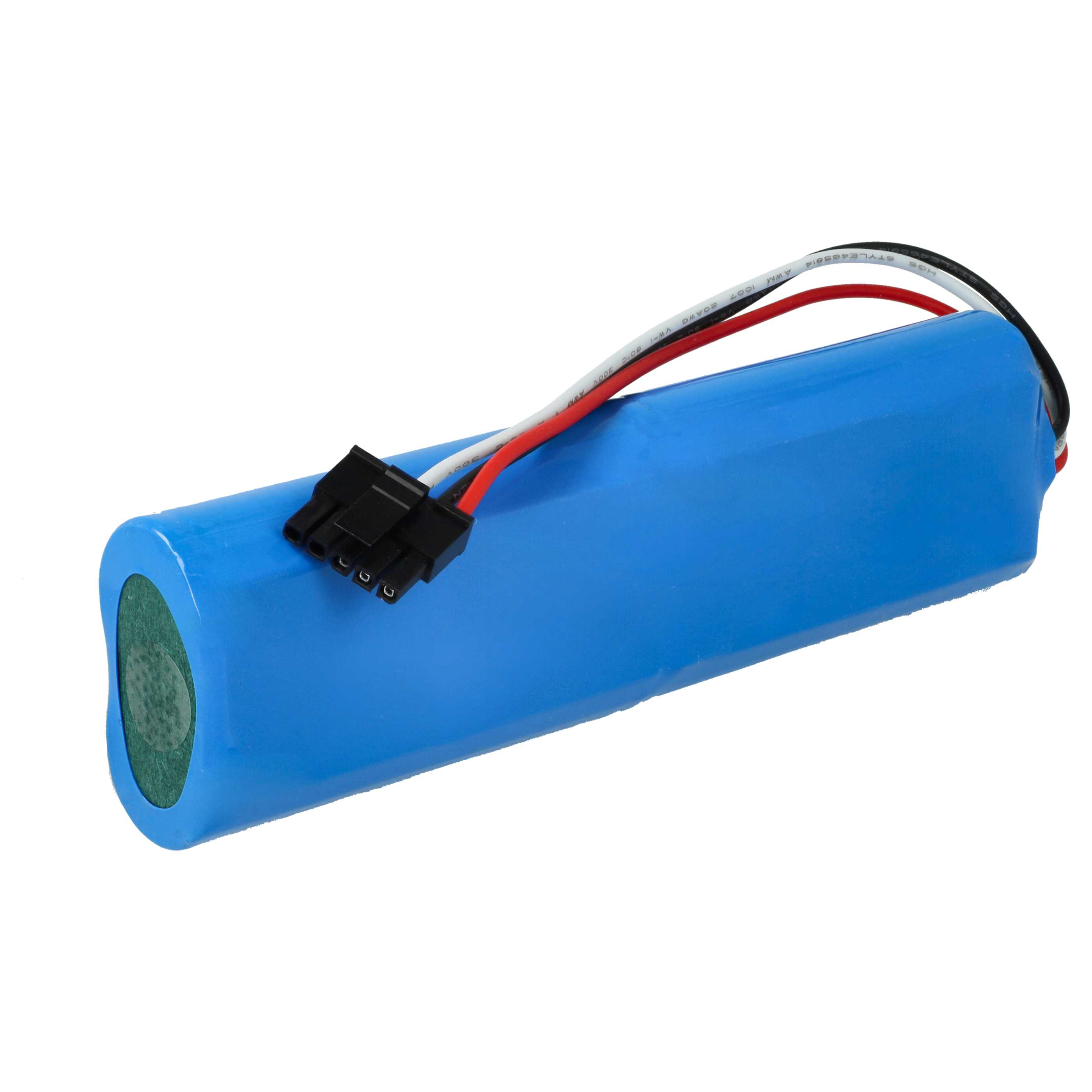 Blaue Batterie mit schwarzem Stecker und Drähten. Die Batterie ist zylindrisch. Drähte: rot, weiß und schwarz.