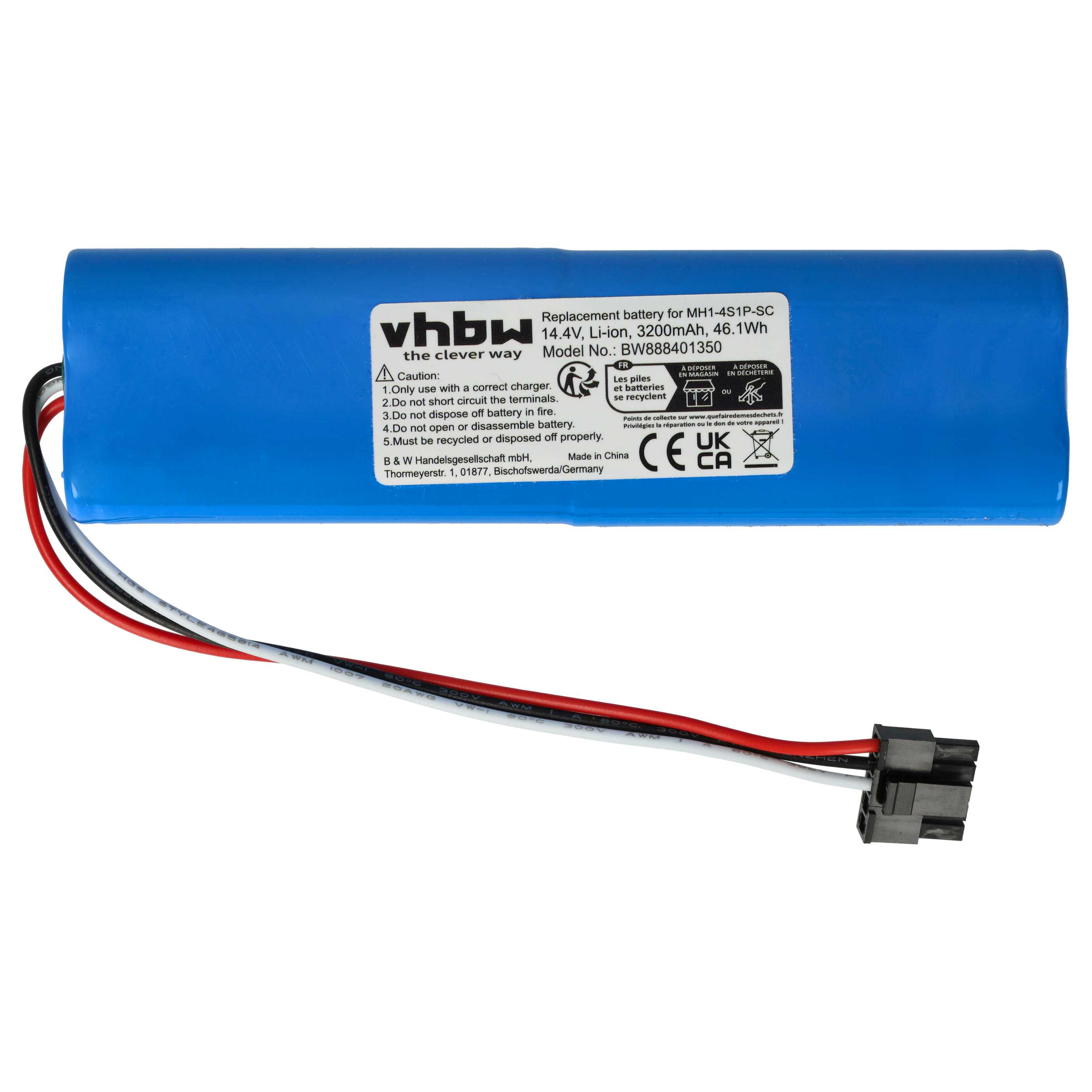 Blauer Batteriewechsel. Text: Ersatzbatterie für MH1-451P-SC. Hat schwarze, weiße und rote Drähte.