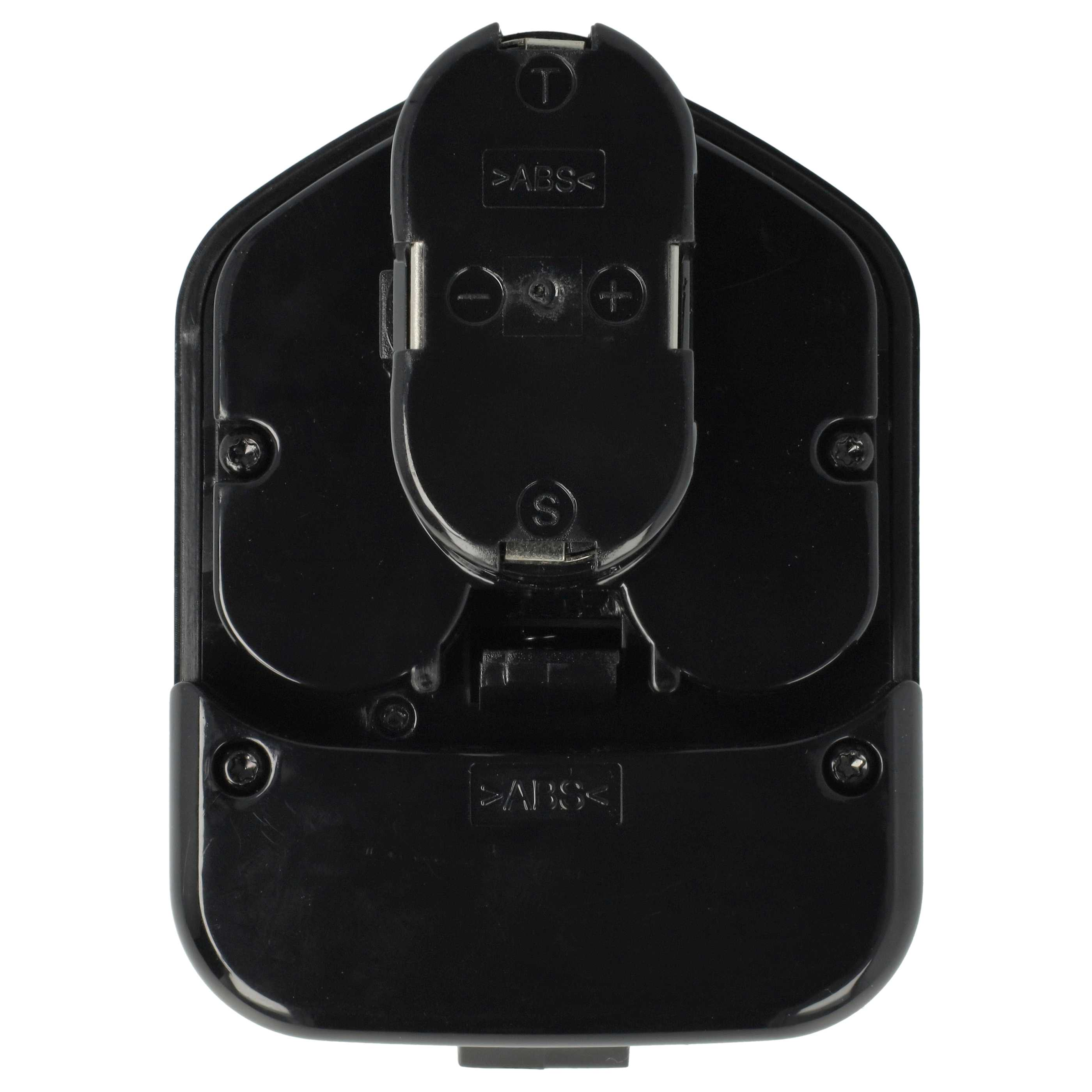 Schwarze Geräteunterseite mit Batteriefach, beschriftet mit ABS und Symbolen.